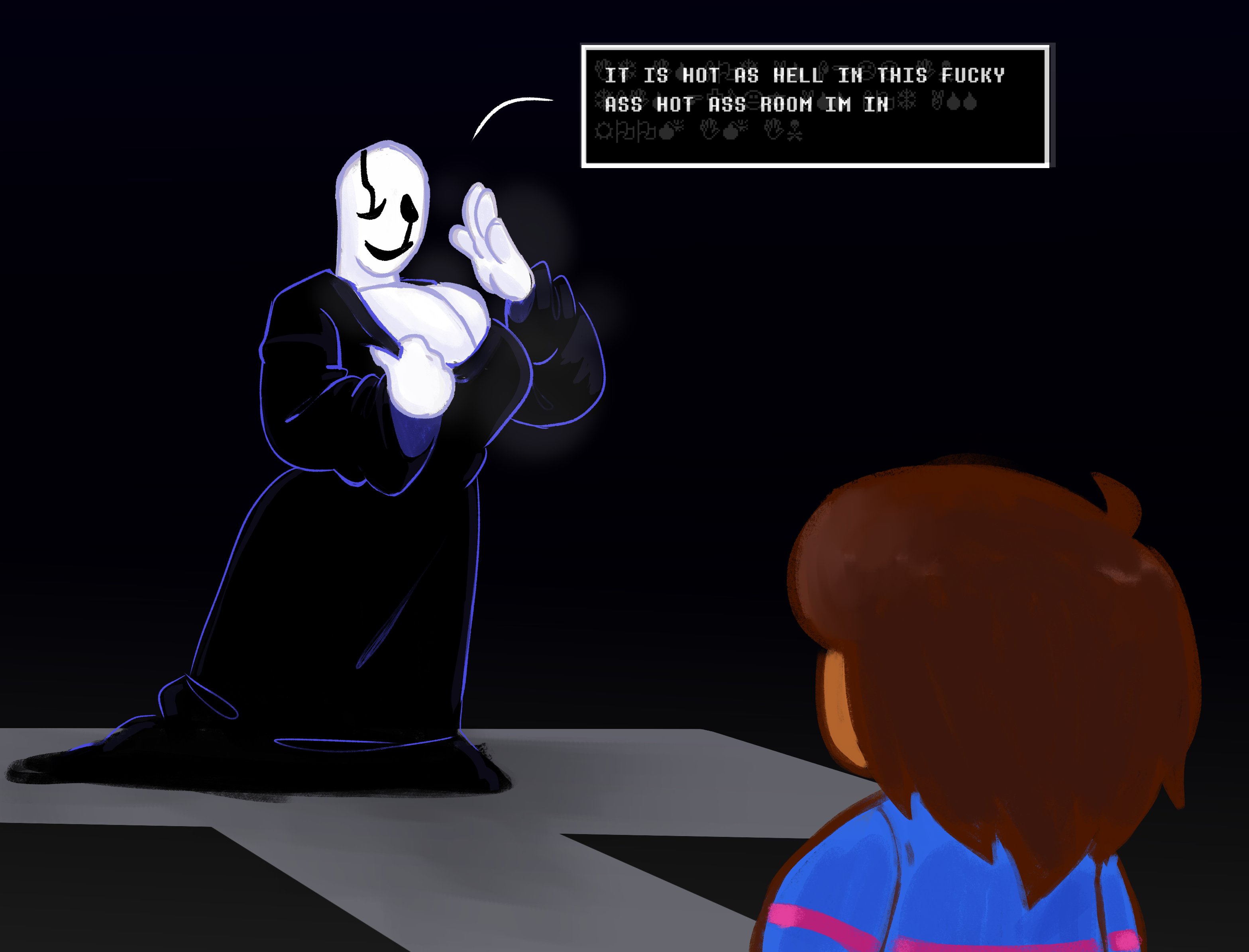 1girls, big breasts, breasts, breasts focus, comic, comic page, deltarune, fem gaster, female, female focus, female only, freaky frohicky, frisk, frisk (undertale), gaster, huge breasts, rule 63, text, text box, undertale, undertale (series), wingdings, wingdings text
