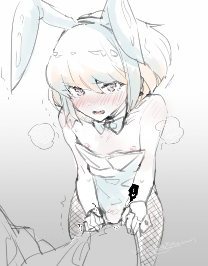 androgynous, bob cut, bunny ears, bunnysuit, crossdressing, embarrassed, femboy, fishnets, lio fotia, looking at viewer, male, playboy bunny, pov, promare, short hair, shy, twink