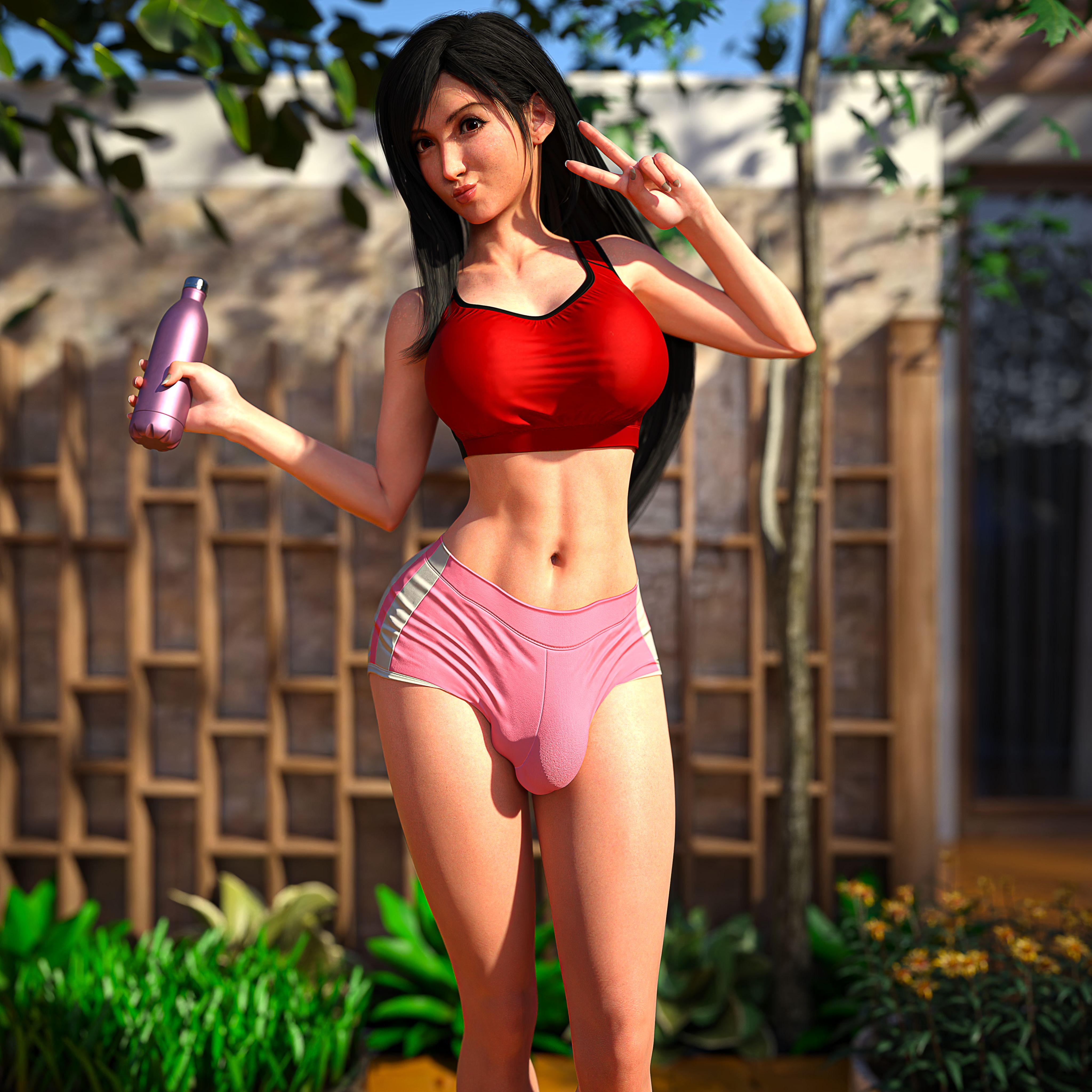 3d, balls bulge, big penis, breasts, bulge, bulge through clothing, bulge under clothes, final fantasy, final fantasy vii, final fantasy vii remake, futa bulge, futa only, futanari, garden, huge breasts, huge cock, intersex, ladyabysso, outdoors, outside, peace sign, penis, penis bulge, safe for work, short shorts, sporty, sporty outfit, tifa lockhart, water bottle