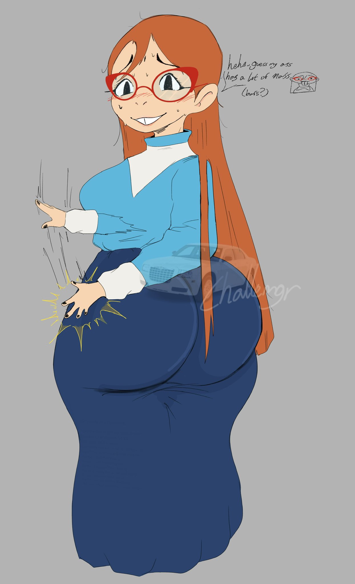 1girls, ass focus, big ass, big breasts, breasts, buckteeth, challemgr, dialogue, female, female focus, female only, fully clothed, glasses, kindergarten (game), kindergarten 3, long hair, looking at viewer, looking back, ms. lovelett, orange hair, rhyming, spanking, spanking own ass, text