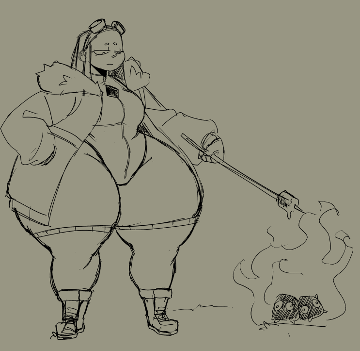 2d, 2d (artwork), ass, ass bigger than head, ass body, campfire, clash (series), clash royale, elpiromanias, evolution firecracker (clash royale), fat ass, fire, fire spirit (clash royale), hips wider than shoulders, huge ass, jacket, marshmallow, thick thighs, wide hips, winter clothes