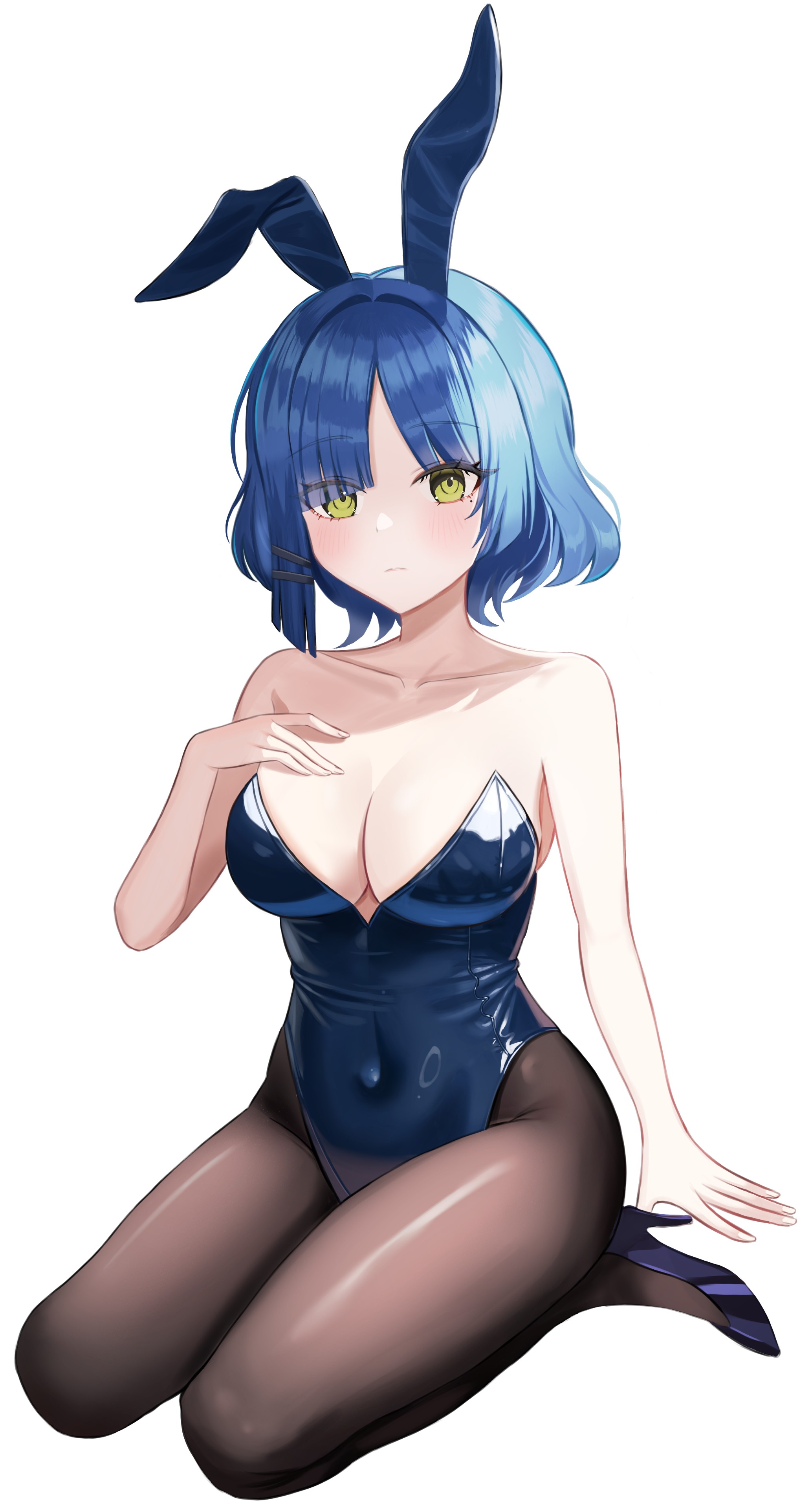 1girls, absurdres, animal ears, arm support, black pantyhose, blue hair, blue leotard, blue shoes, blush, bocchi the rock!, breasts, cleavage, closed mouth, collarbone, commentary request, covered navel, fake animal ears, female, female only, full body, green eyes, hair intakes, hair ornament, hair over one eye, hairclip, hand on own chest, hand up, high heels, highres, korean commentary, large breasts, leotard, long bangs, looking at viewer, mixed-language commentary, pantyhose, pumps, rabbit ears, seiza, shoes, short hair, simple background, sitting, solo, tabas, white background, yamada ryou