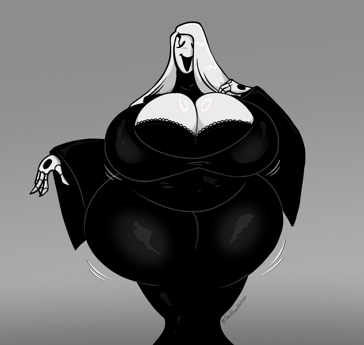 breasts, breasts bigger than head, clothed, deltarune, fem gaster, female, female focus, female only, gaster, hair, hair covering eye, hair over one eye, huge breasts, huge thighs, hyper breasts, johndrawfatties, long hair, monochrome, robe, rule 63, undertale, undertale (series), white hair, white skin, wide hips