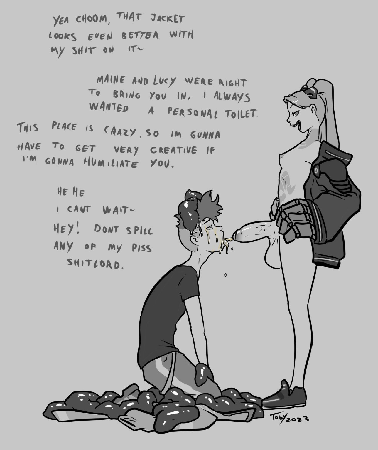 1boy, 1futa, balls, breasts, cyberpunk: edgerunners, david martinez (edgerunners), dialogue, english text, futa on male, futadom, futanari, golden shower, greyscale, human toilet, humiliation, kneeling, male, malesub, on knees, peeing, penis, petite, petite futa, piss, pissing, pissing in mouth, poop, rebecca (edgerunners), scat, shit, small breasts, standing, text, toby art, tongue, tongue out, urine, watersports