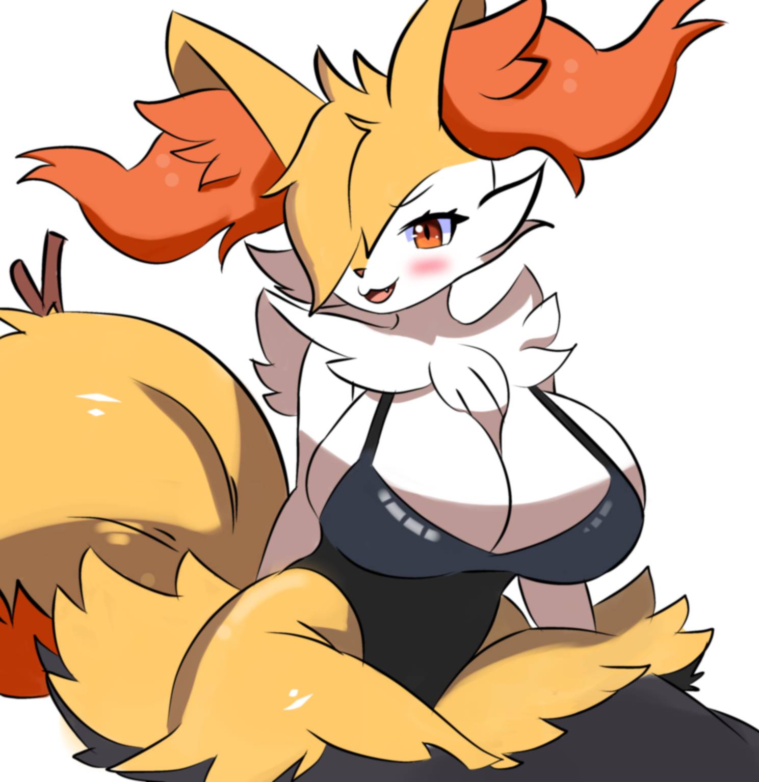 2025, anthro, big breasts, black body, black fur, blush, braixen, breasts, cleavage, clothed, clothing, digital media (artwork), evaacii, fangs, female, female braixen, fur, generation 6 pokemon, hi res, huge breasts, inner ear fluff, multicolored body, multicolored fur, nintendo, one-piece swimsuit, open mouth, orange body, orange eyes, orange fur, pokemon, pokemon (species), simple background, smile, solo, stick, swimwear, tail, teeth, topwear, tuft, white background, white body, white fur, yellow body, yellow fur