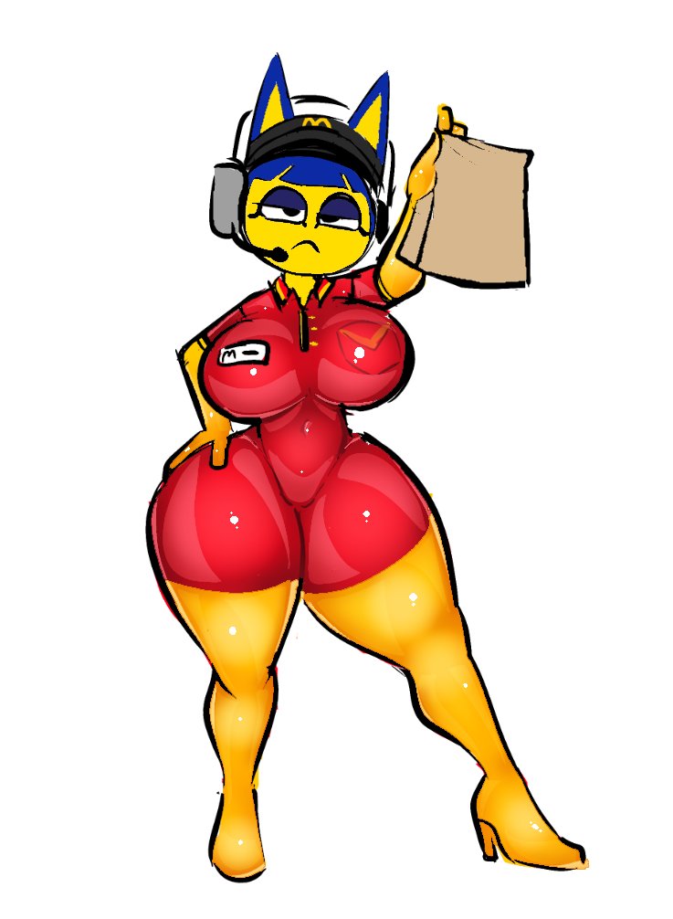 1girls, animal crossing, ankha, anthro, big breasts, blue hair, breasts, cat ears, fast food employee, feline, female, fully clothed, hat, headphones, headset, high heel boots, holding object, ilum (thatonesillydoggo), large breasts, latex, latex uniform, mcdonald's, nintendo, palisal, paper bag, shiny clothes, solo, solo female, white background, wide hips