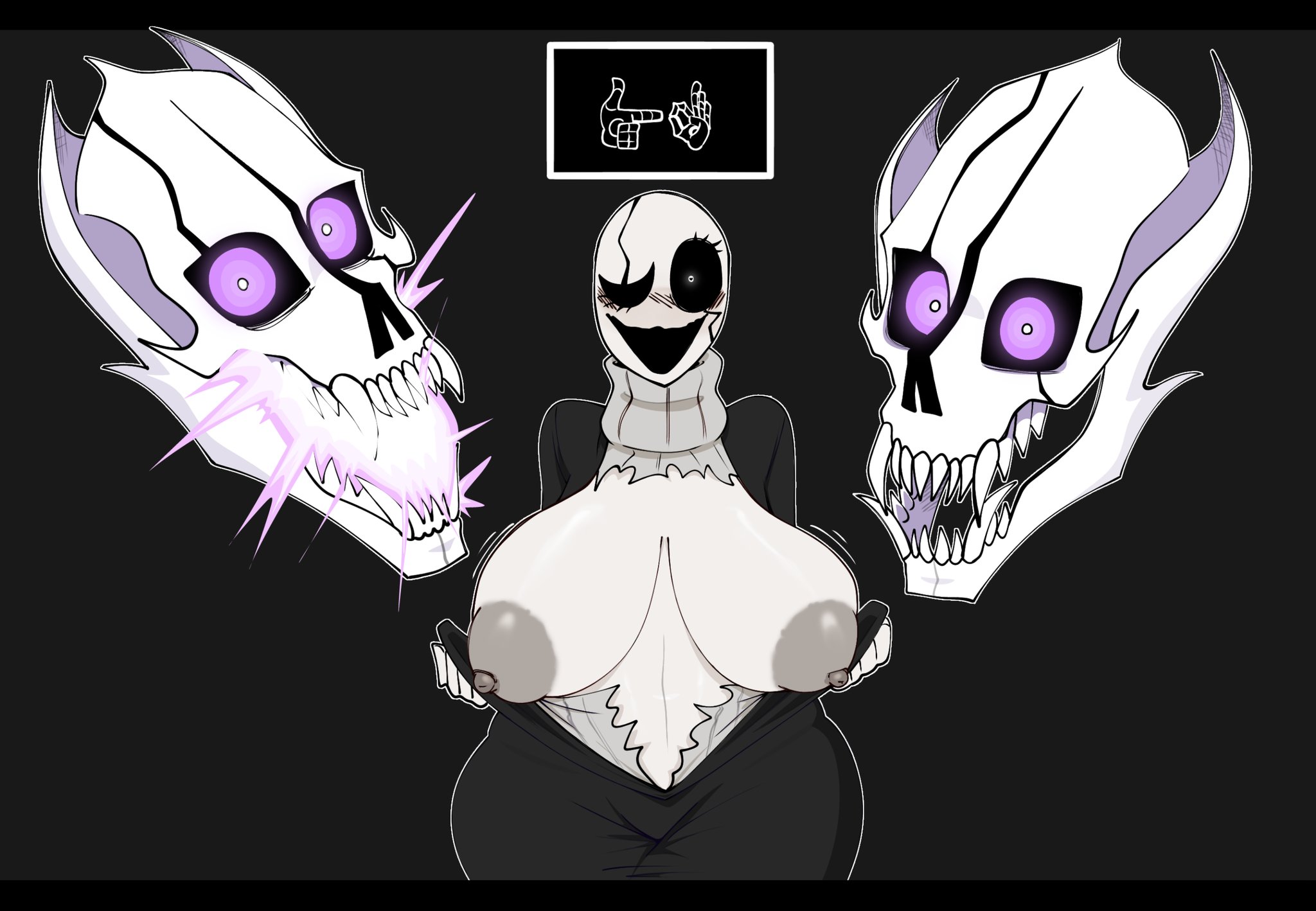 black background, black bars, black dress, breasts, deltarune, fem gaster, female, gallo wazavi, gaster, gaster blaster, grey nipples, grey sweater, rule 63, sweater, tearing clothes, tearing own clothing, turtleneck, turtleneck sweater, undertale, undertale (series), white body, wingdings