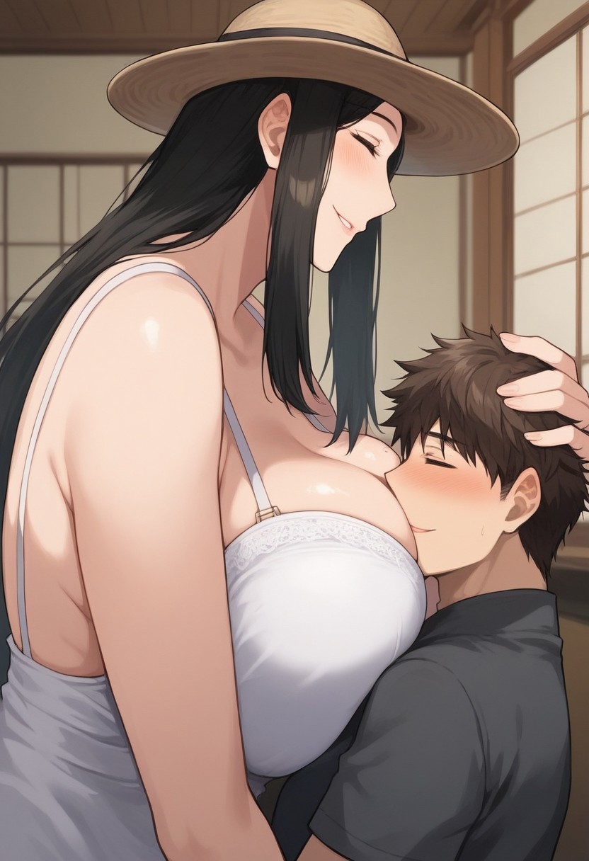 1boy, 1girls, ai generated, before sex, big breasts, black hair, breast press, breast smother, breasts, breasts on head, cleavage, closed eyes, comfort, comfortable, comforting, cuddling, cute, dominant, dominant female, dress, face on breast, female, femdom, flattened, gentle, gentle femdom, gentle mommy, good boy, hasshaku-sama, hat, head grab, headwear, height difference, huge breasts, human, human male, imminent sex, indoors, interspecies, japanese house, japanese mythology, long hair, male, male/female, massive breasts, mature, mature female, milf, mommy, monster, monster girl, mythological creature, mythology, shirt, short hair, side view, sideboob, size difference, smaller male, smile, smothering, straddling, submissive, submissive male, summer dress, summer hat, tall, taller female, uncensored, upper body, very long hair, voluptuous, voluptuous female, white dress, wholesome