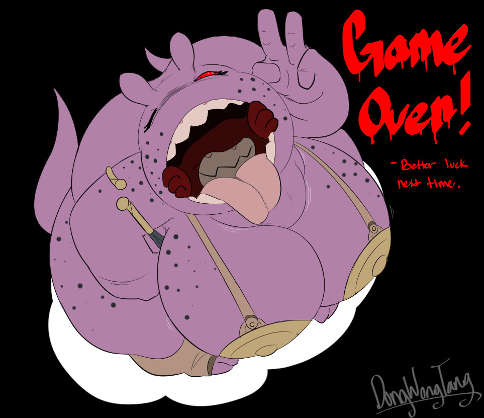 1girls, bbw, chubby, dongwongtang, fat, female, female pred, game over, monster, monster girl, monster pred, oral vore, purple skin, smug, tagme, vore