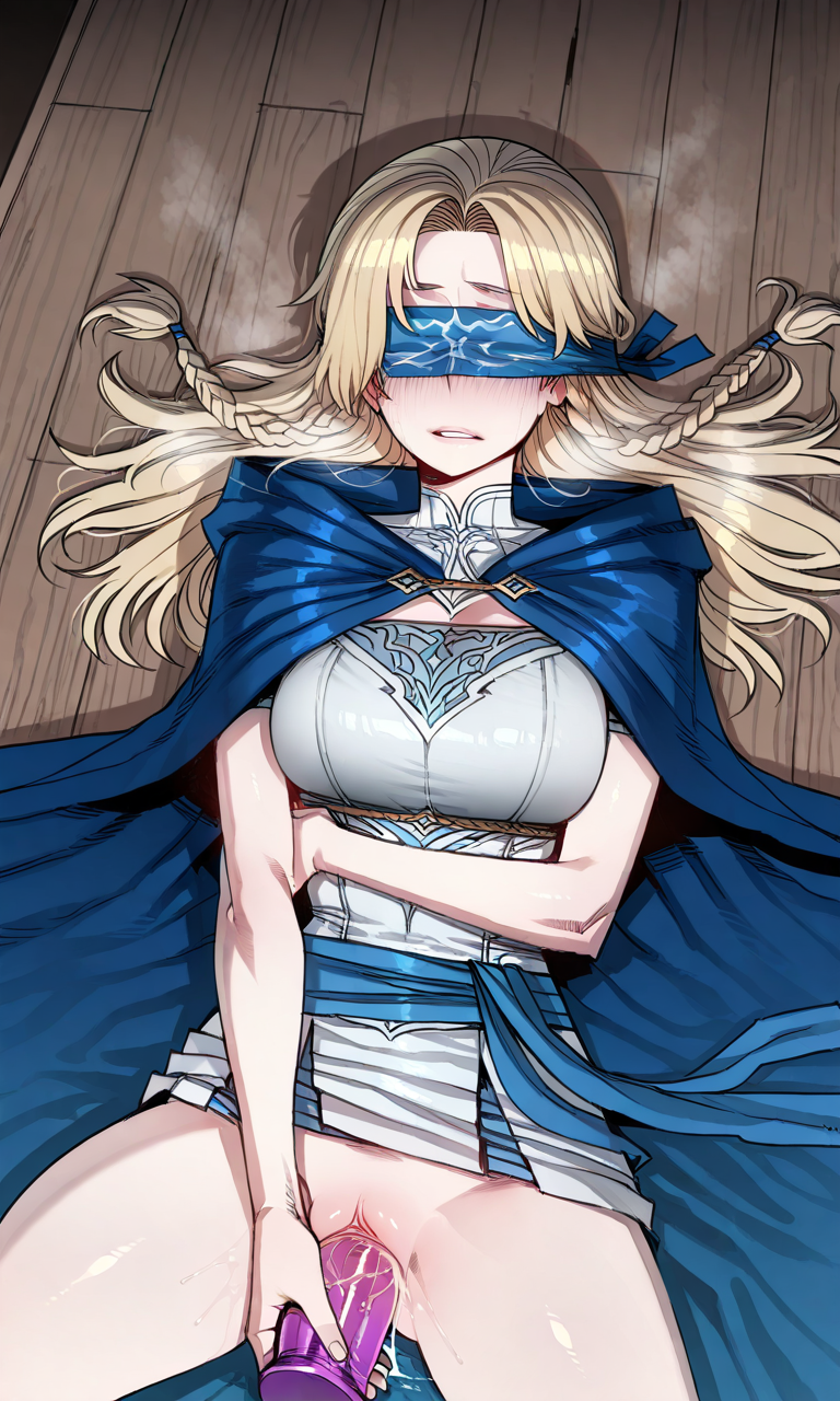 ai generated, blind, blindfold, blonde hair, blush, dildo, dildo in pussy, female, lying down, pussy, sex toy, shadow slave, steam, tesa, wet, wet pussy
