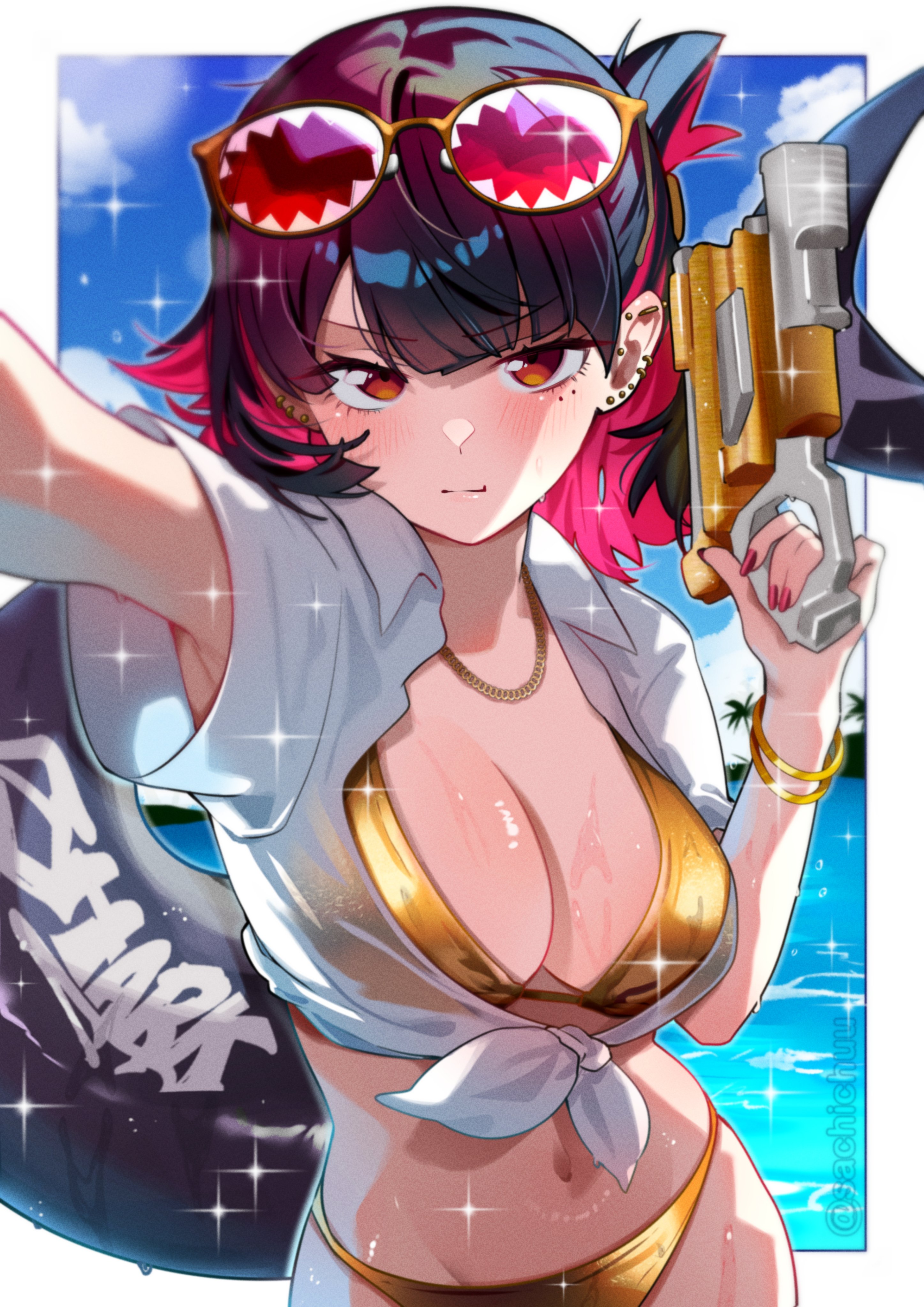1girls, absurdres, bangle, barbell piercing, bikini, black hair, blush, border, bracelet, breasts, closed mouth, collared shirt, colored inner hair, commentary, ear piercing, ellen joe, english commentary, eyewear on head, female, female only, fins, fish tail, gold bikini, hand up, highres, holding, holding water gun, industrial piercing, jewelry, large breasts, looking at viewer, mole, mole under eye, multicolored hair, nail polish, navel, ocean, outside border, outstretched arm, piercing, red eyes, red hair, red nails, red-tinted eyewear, sachichuu, shark girl, shark tail, shirt, short hair, short sleeves, solo, sparkle, sunglasses, swimsuit, tail, tied shirt, tinted eyewear, twitter username, two-tone hair, upper body, very long fingernails, water, water drop, water gun, wet, white border, white shirt, yellow-framed eyewear, zenless zone zero