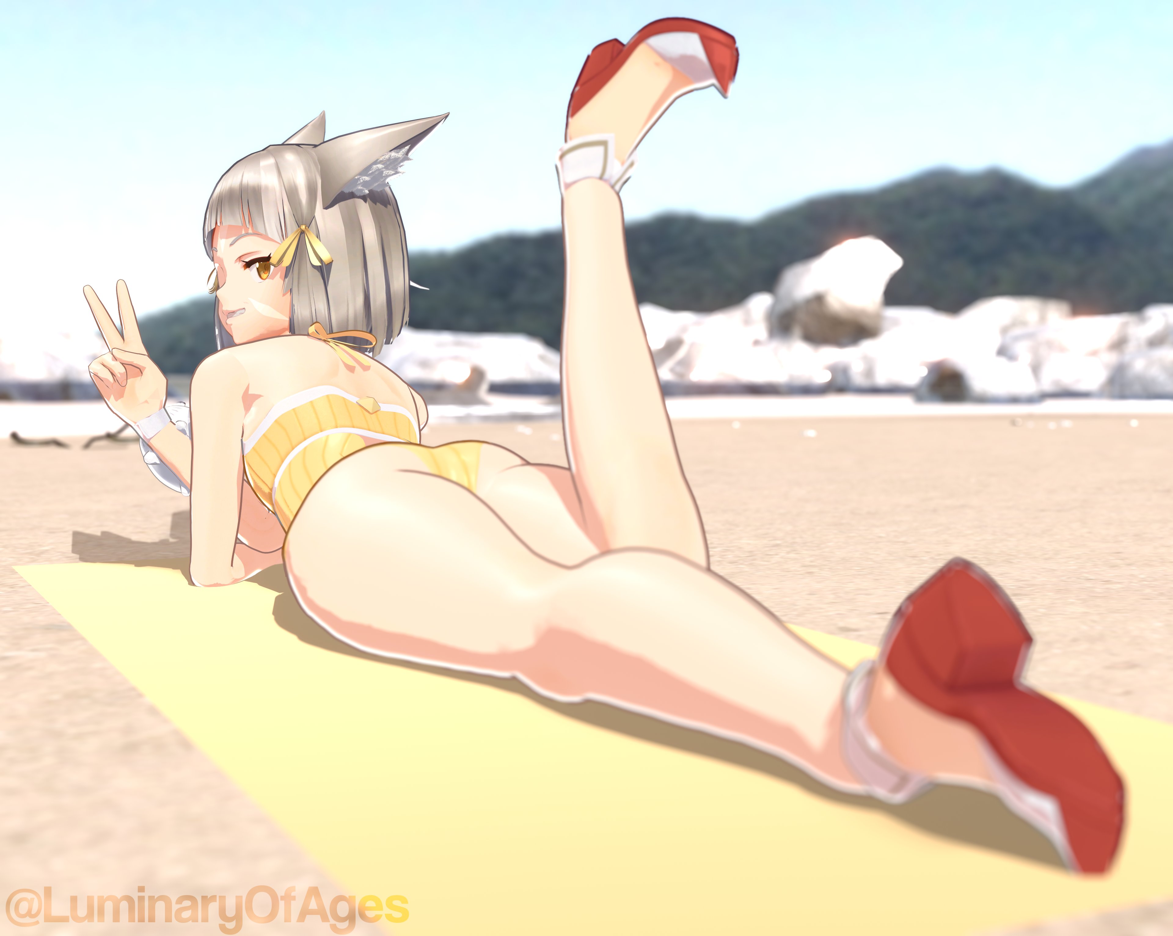 1girls, 3d, beach, female, heels, laying down, legs, luminaryofages, nia, official alternate costume, one leg up, sandals, short hair, silver hair, sundress, swimsuit, thick thighs, thighs, xenoblade (series), xenoblade chronicles 2