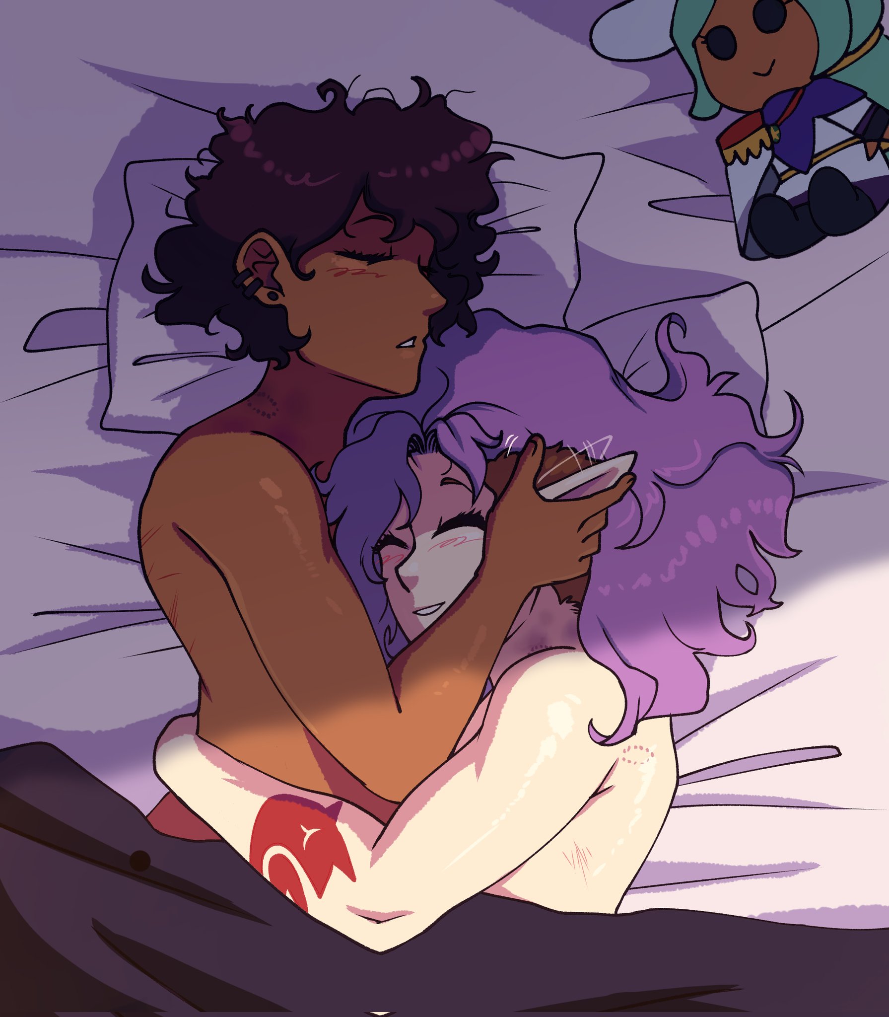 2girls, amity blight, bed, big breasts, bisexual, bite mark, blush, breasts, couple, cuddling, ear play, female, female only, girlfriends, human, jontainaka, luz noceda, multiple females, multiple girls, naked, nude, nude female, purple hair, sleeping nude, sleeping together, smile, tagme, tattoo, the owl house, the owl house (finale), wholesome, witch (the owl house), yuri
