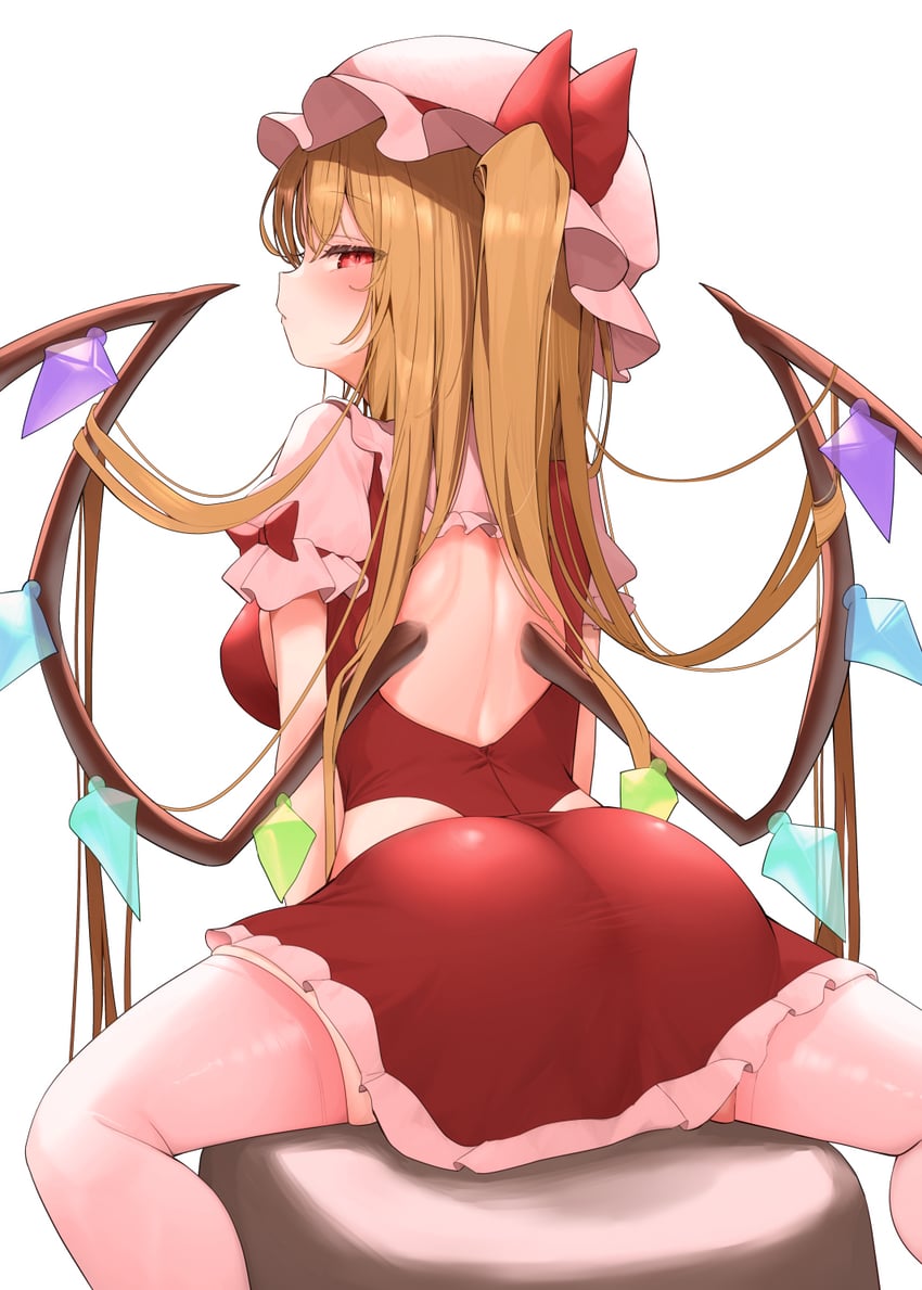 big butt, blonde hair, breasts, butt, butt focus, female, flandre scarlet, huge butt, large butt, long hair, mikan (manmarumikan), pink hat, red eyes, red shirt, skirt, touhou