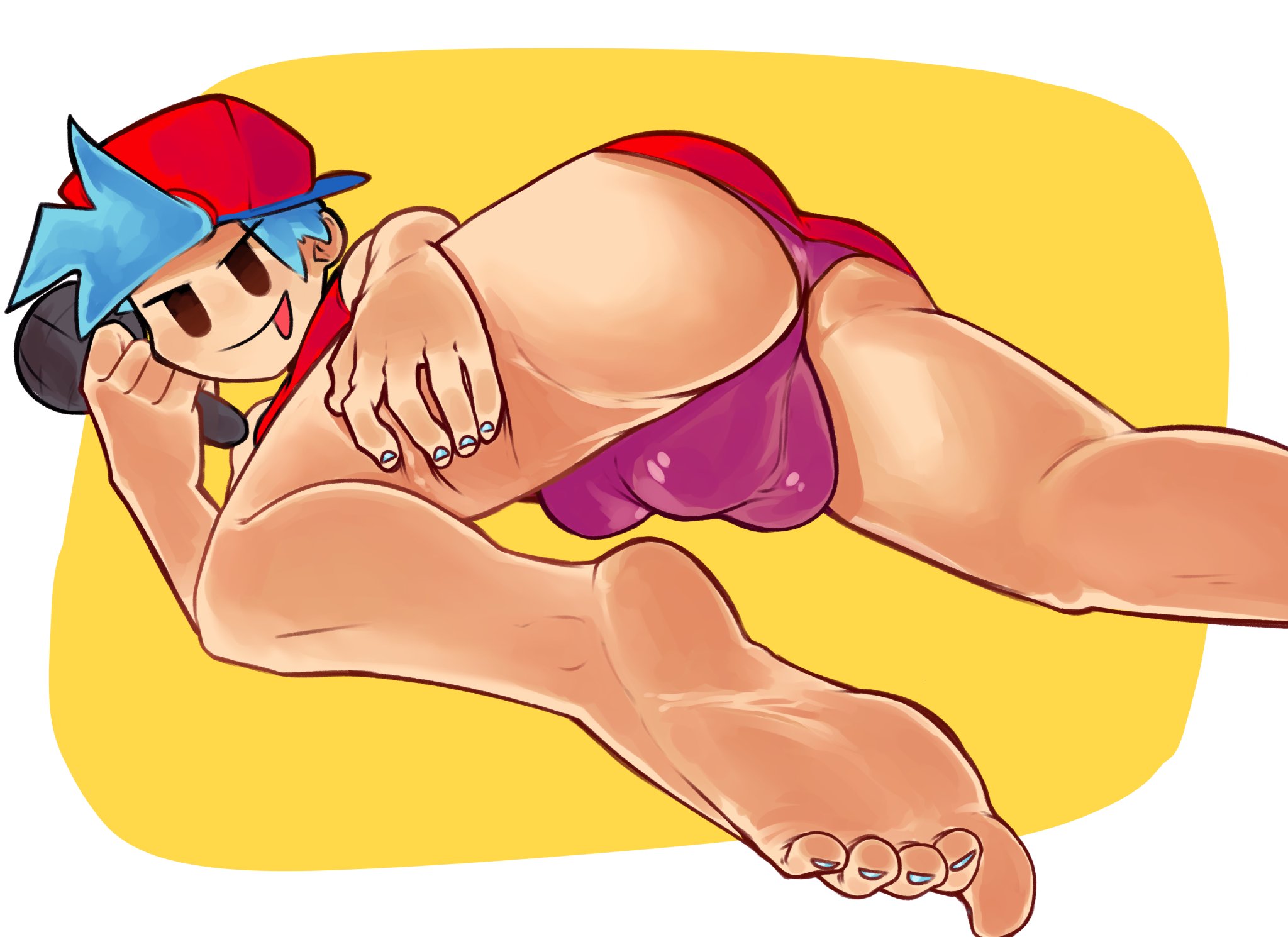 1boy, ass up, ass visible under skirt, blue hair, blue nails, blue toenails, boyfriend (friday night funkin), bulge, bulge through clothing, cap, clothed, crossdressing, eyes half open, feet, femboy, femboy only, foot fetish, foot focus, friday night funkin, fully clothed, gay, hand on ass, hat, light-skinned male, looking at viewer, looking back, male, male focus, male only, microphone, painted nails, painted toenails, red panties, soles, solo male, tinsay (artist), toes