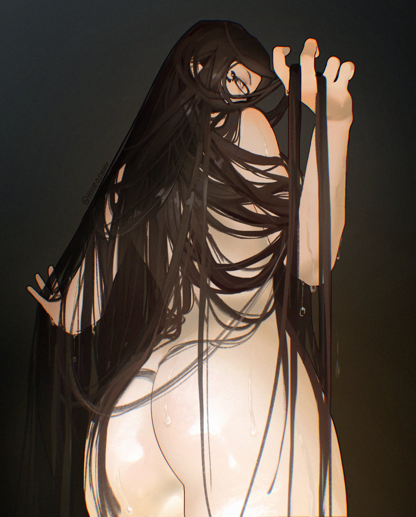 1girls, ass, ass focus, bayonetta, bayonetta (character), black hair, exposed ass, female, hair between eyes, hair over ass, hiiroshiiii, holding hair, long hair, looking at viewer, naked, naked female, nude, presenting ass, tagme