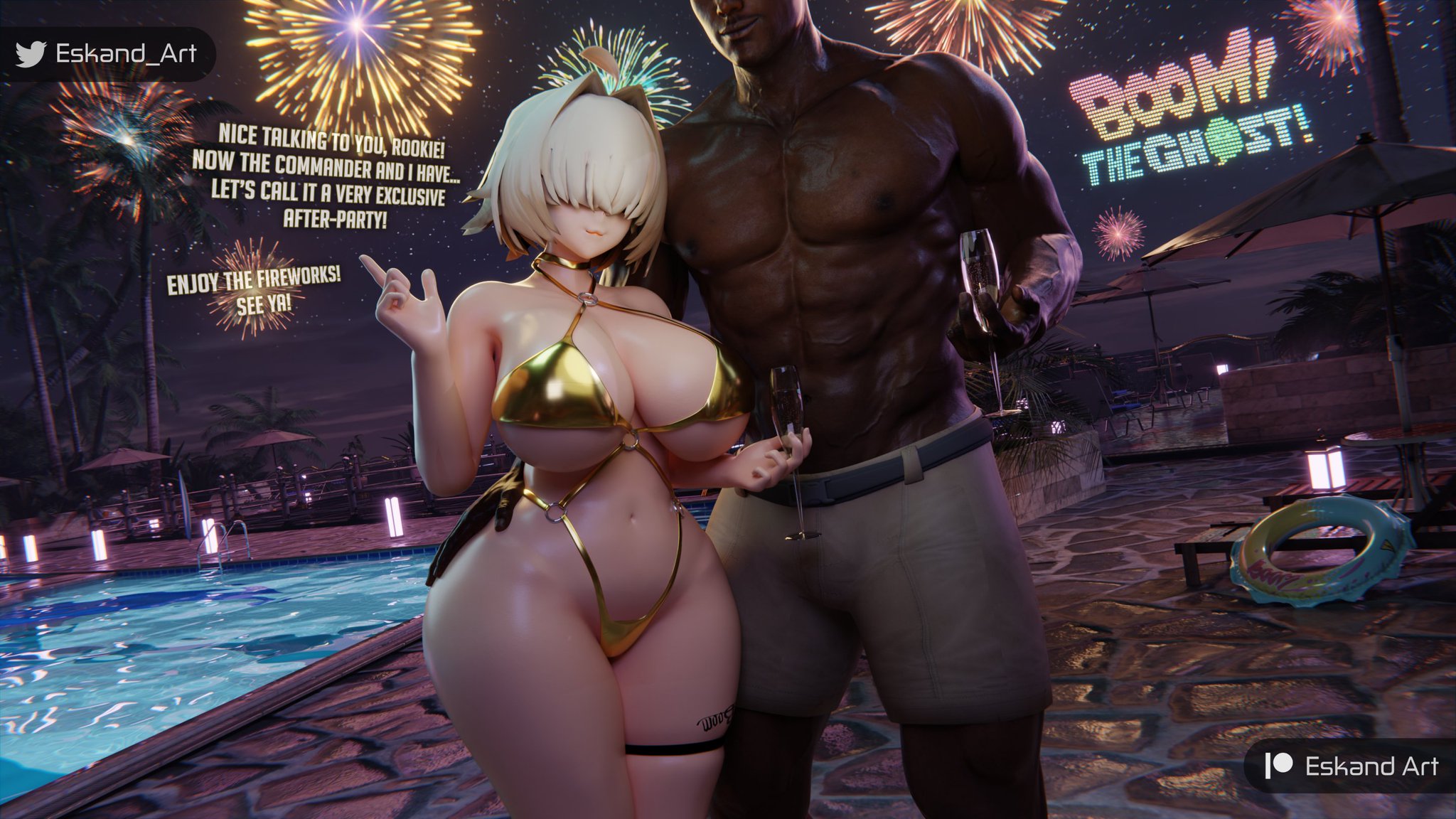 1boy, 1boy1girl, 1girls, 2025, 3d, 3d (artwork), areolae, big breasts, bikini, bikini bottom, bikini top, blonde hair, breasts, busty, champagne, champagne glass, choker, cuckold, cuckold pov, curvaceous, curvy, dark skin, dark-skinned male, duo, elegg (nikke), english, english text, eskandart, female, fireworks, front view, glass, goddess of victory: nikke, gold bikini, hair covering eyes, hand on ass, holding, holding glass, holding object, huge breasts, interracial, large breasts, light skin, light-skinned female, male, male/female, muscular, muscular male, navel, night, nipples, pool, poolside, short hair, shorts, standing, text, thick thighs, topless, unseen male face, voluptuous, wide hips