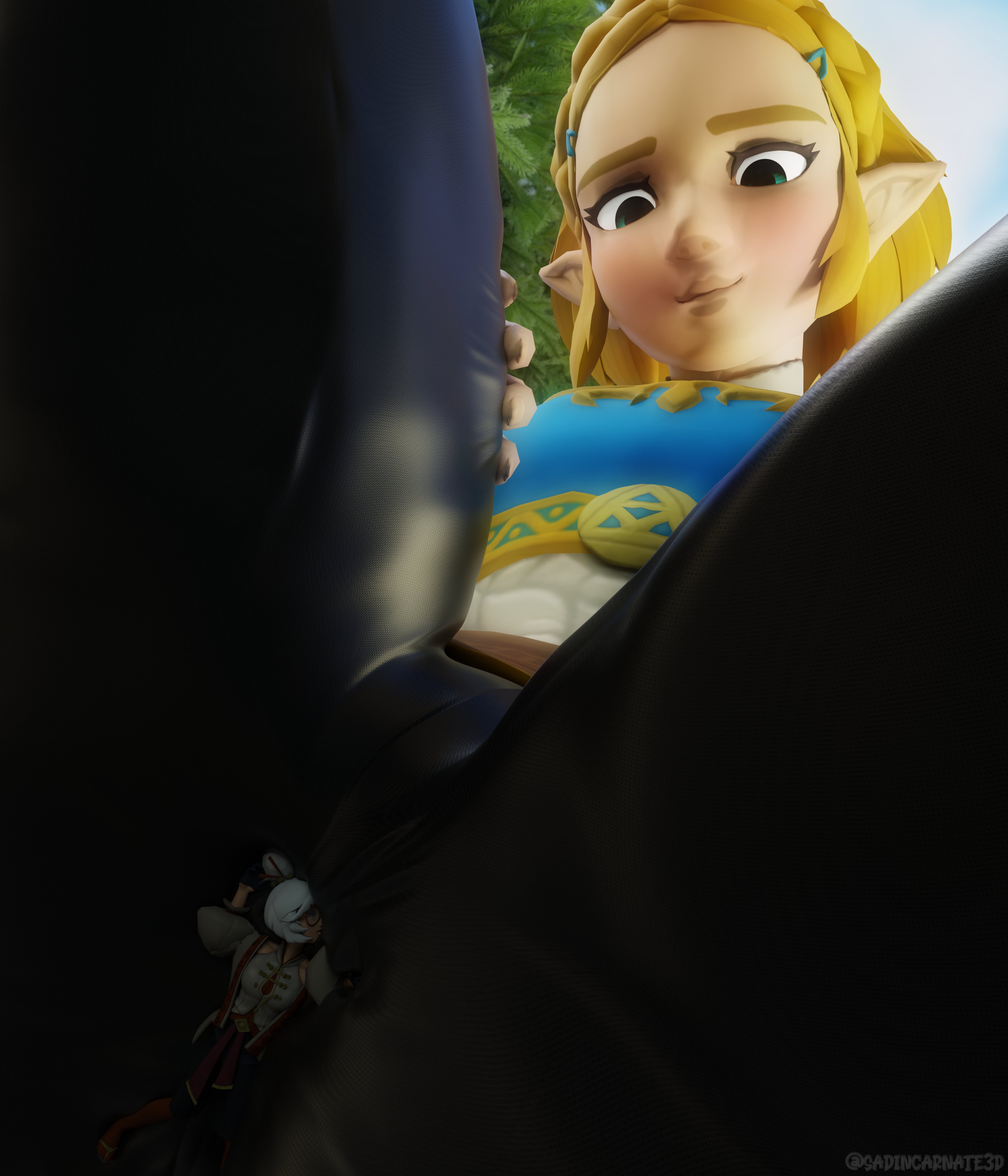 2girls, 3d, ass, buttcrush, extreme size difference, female, giantess, micro female, princess zelda, purah, purah (tears of the kingdom), sadinincarnate3d, scientist, shrinking, shrunken female, size difference, tears of the kingdom, teasing, the legend of zelda, zelda (tears of the kingdom)