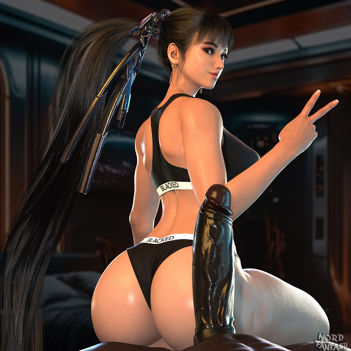 3d, android, back view, big ass, big butt, big penis, black hair, blacked, blacked clothing, dark-skinned male, eve (stellar blade), female, huge cock, interracial, male, nordfantasy, peace sign, penis, solo, stellar blade, v sign