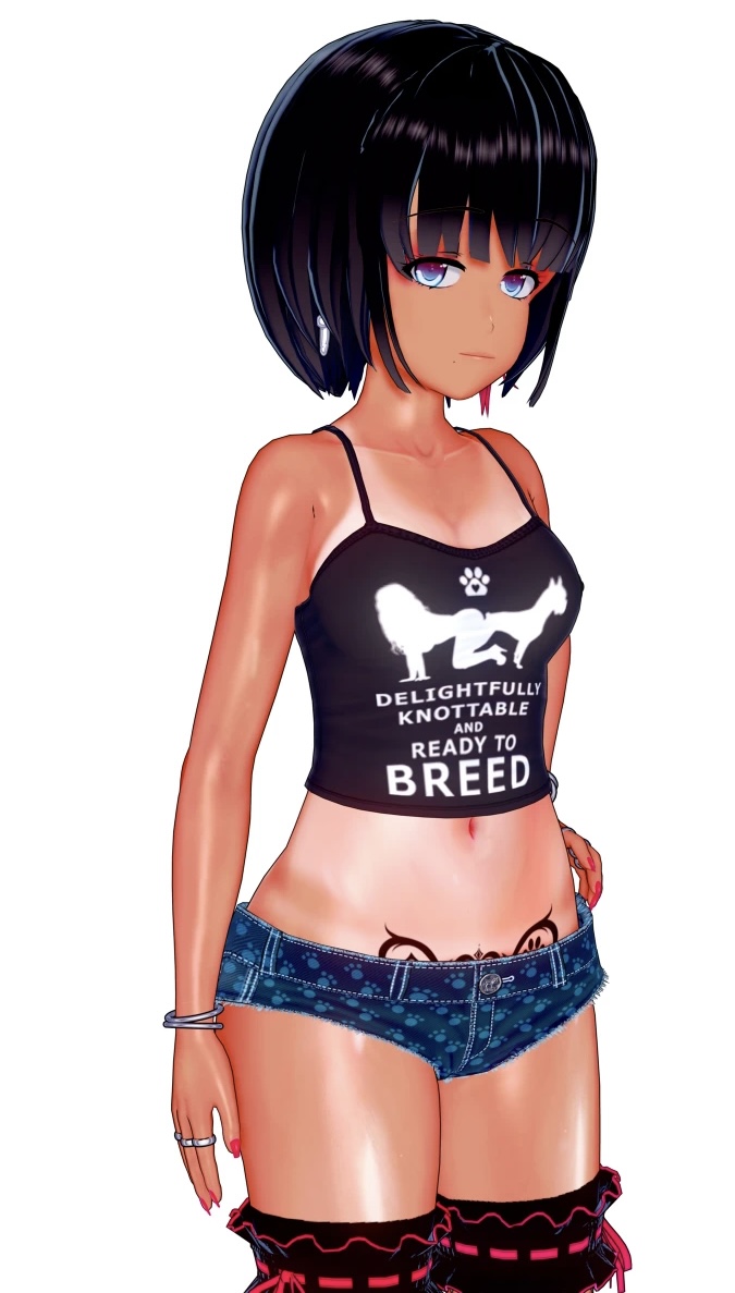 3d, bangs, belly button, black hair, blue eyes, bob cut, breasts, brown skin, canine, canine on human, female, female human/male feral, female on feral, feral, feral on female, feral on human, goon caption, goonette, human female, human on feral, koi yukino, legwear, looking at viewer, midriff, minishorts, original, pose, posing, posing for the viewer, pubic tattoo, shirt, short shorts, skinny, small breasts, stockings, tan, tan body, tan lines, tan skin, tan-skinned female, tattoo, text, text on clothing, wide hips, womb tattoo, zoophilia