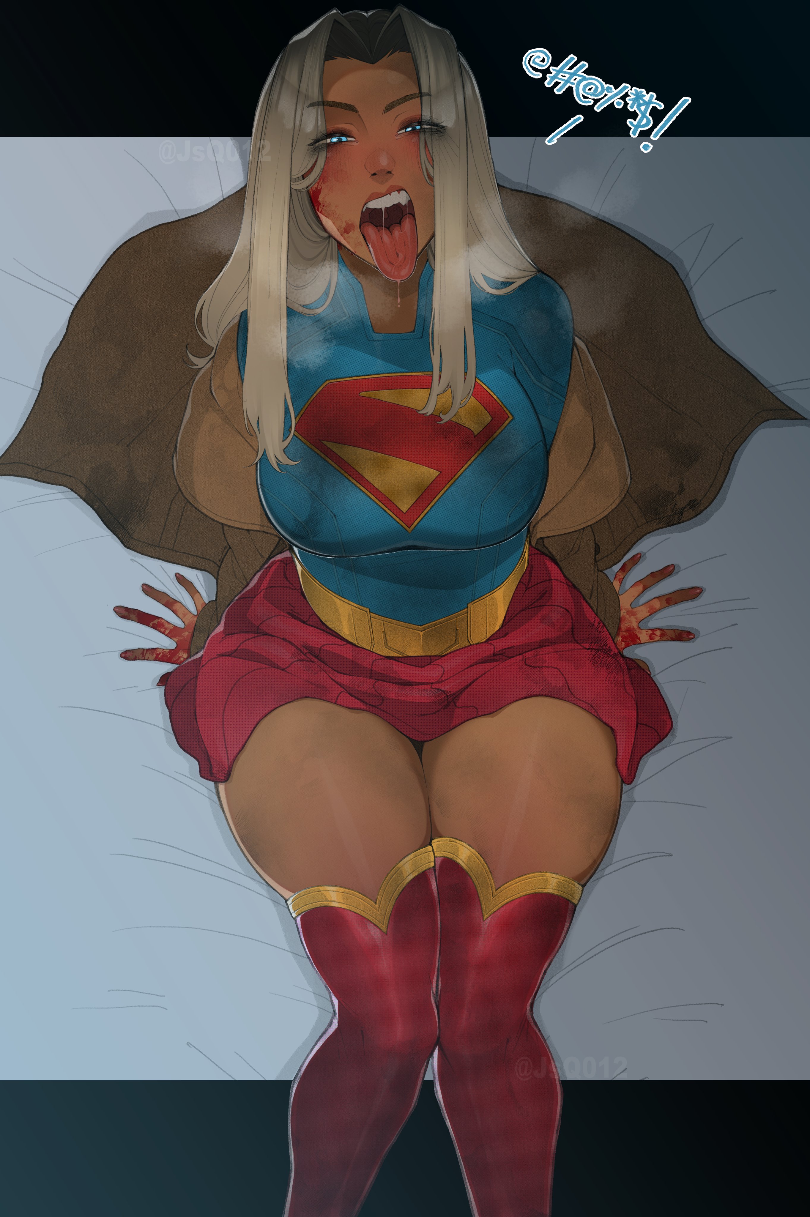 1girls, big breasts, blonde hair, breasts, dc, dc comics, dcu, drunk, female, female focus, female only, fully clothed, jsq012, kara zor-el, large breasts, long hair, looking at viewer, milly alcock, on bed, sharp teeth, solo, solo female, solo focus, supergirl, supergirl (dcu), superman (2025), superman (series), swear, swearing, text, thick thighs, tongue, tongue out, trenchcoat, twitter link