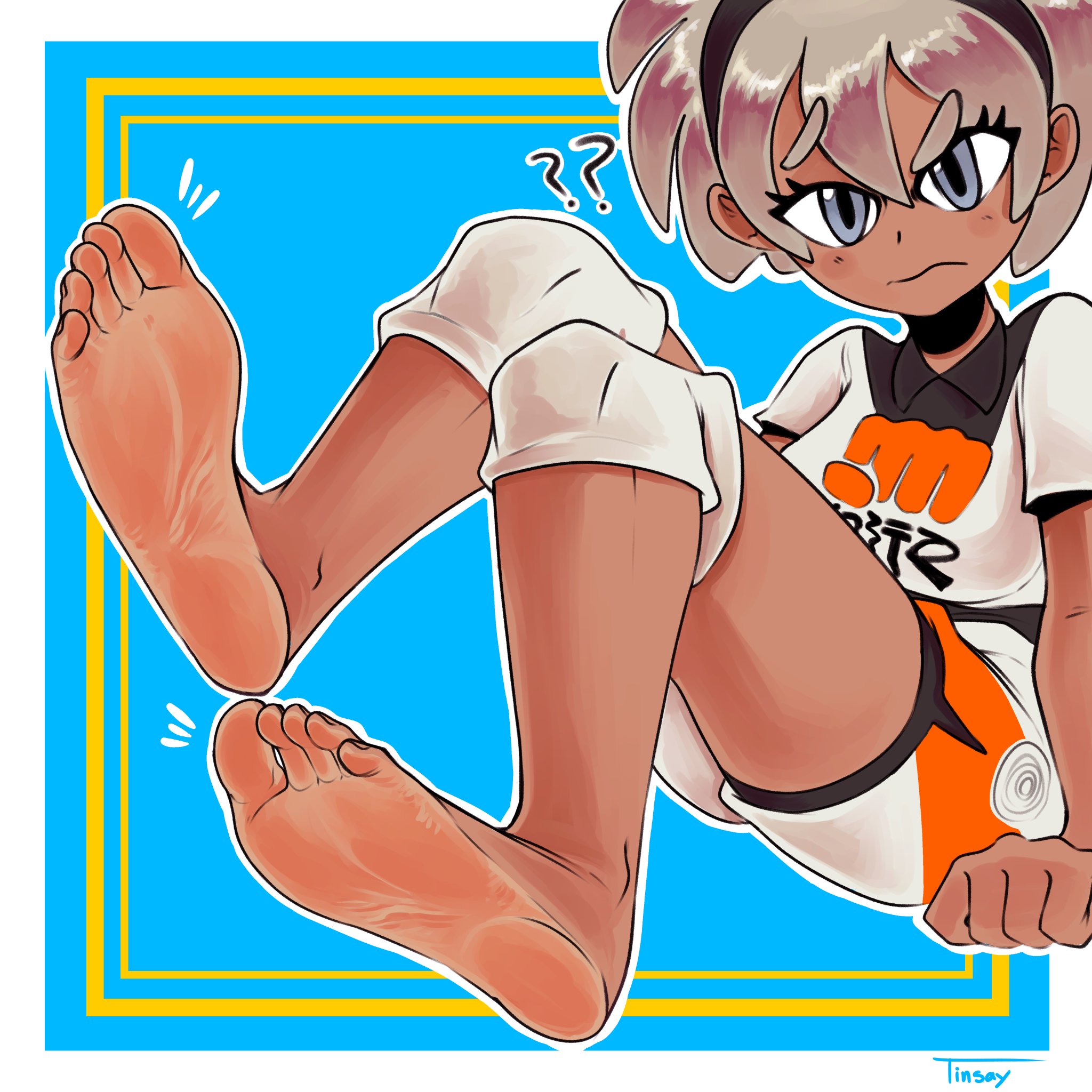 1girls, bea (pokemon), black hairband, clothed, confused, confused look, confusion, countershade feet, feet, female, foot fetish, foot focus, fully clothed, grey eyes, grey hair, hairband, human, looking at viewer, pokemon, presenting feet, raised eyebrow, soles, solo, solo female, tan body, tan skin, tanned, tanned female, tinsay (artist), two-tone feet
