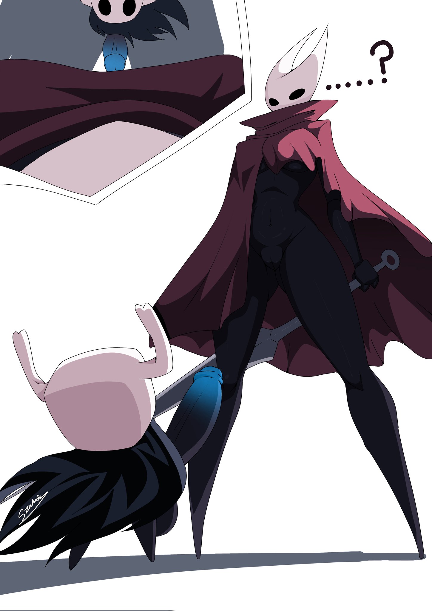 1boy, 1girls, almost naked, big breasts, big penis, breasts, cloak, confusion, erection, female, female focus, female pov, hollow knight, hornet (hollow knight), imminent sex, incest, incest (lore), male, naked, naked female, no feet, penis, pov, protagonist (hollow knight), pussy, question mark, small but hung, solid eyes, straight, the knight (hollow knight), thick thighs, thunder thighs, zukafu shimoto