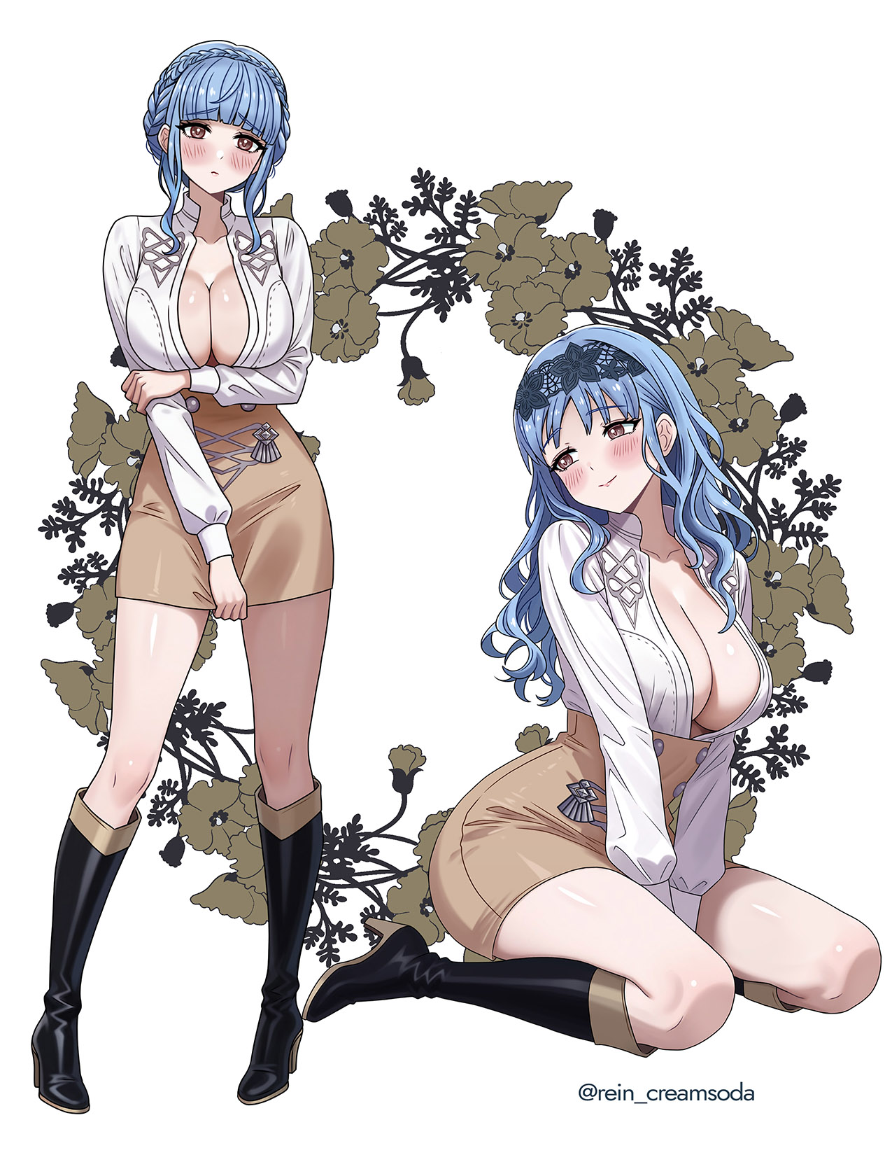 1girls, alternate costume, black boots, blue hair, blush, boots, braid, breasts, brown boots, brown eyes, cleavage, closed mouth, collarbone, crown braid, female, female only, fire emblem, garreg mach monastery uniform, highres, large breasts, long hair, long sleeves, looking at viewer, marianne von edmund, nintendo, open clothes, open mouth, open shirt, pencil skirt, rein creamsoda, shirt, short hair, skirt, smile, solo, summer uniform, white shirt