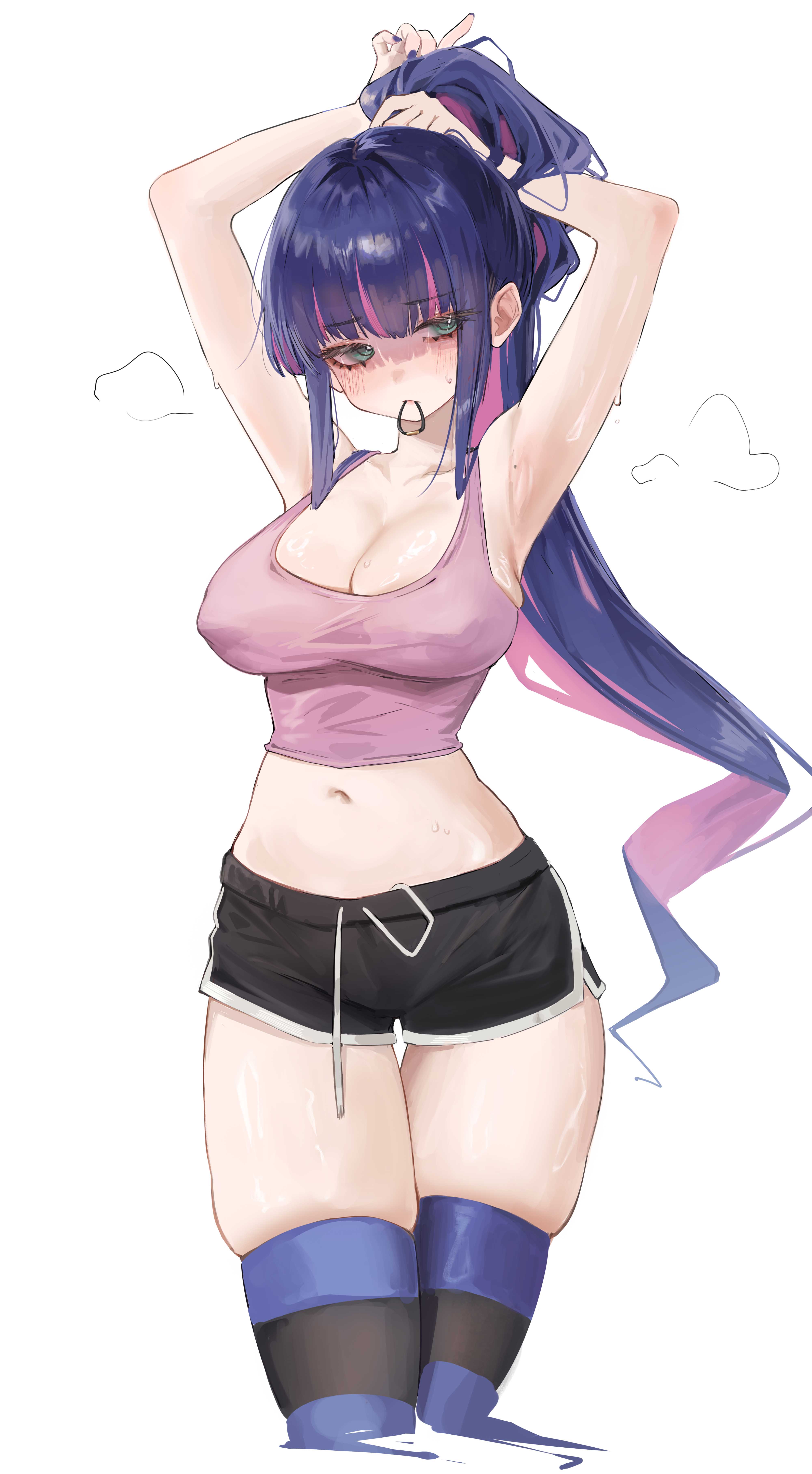 1girls, absurdres, adjusting hair, armpits, arms up, black shorts, blush, breasts, cleavage, closed mouth, collarbone, colored inner hair, covered erect nipples, dolphin shorts, female, female only, fingernails, green eyes, hair tie, hair tie in mouth, highres, large breasts, long hair, midriff, mole, mole on armpit, mouth hold, multicolored hair, nail polish, navel, panty & stocking with garterbelt, pink hair, pink lips, pink tank top, purple hair, purple nails, shorts, sihana156, simple background, solo, stocking anarchy, stomach, streaked hair, striped clothes, striped thighhighs, sweat, tank top, thighhighs, thighs, two-tone hair, very long hair, white background