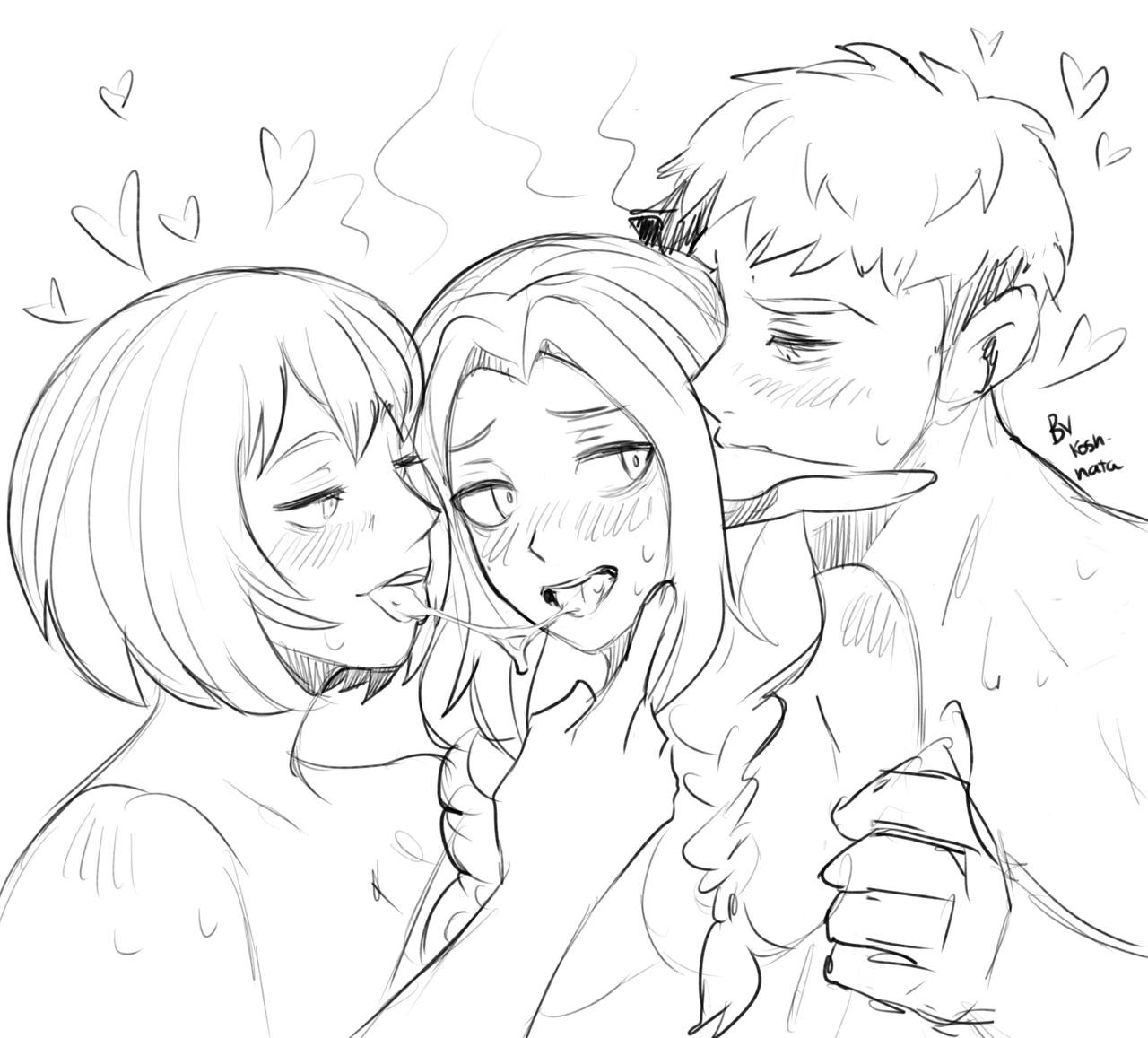 1boy, 2girls, after kiss, anime, black and white, breasts, chimera, doggy style, dragon, dungeon, dungeon meshi, ear play, elf, elf ears, falin touden, falin touden (chimera), female, food, foreplay, horny, imminent sex, koshhhata, laios touden, living the dream, male, marcille donato, monochrome, monster, monster girl, multiple girls, muscular, nibbling ear, saliva string, siblings, sketch, touden sibling sandwich