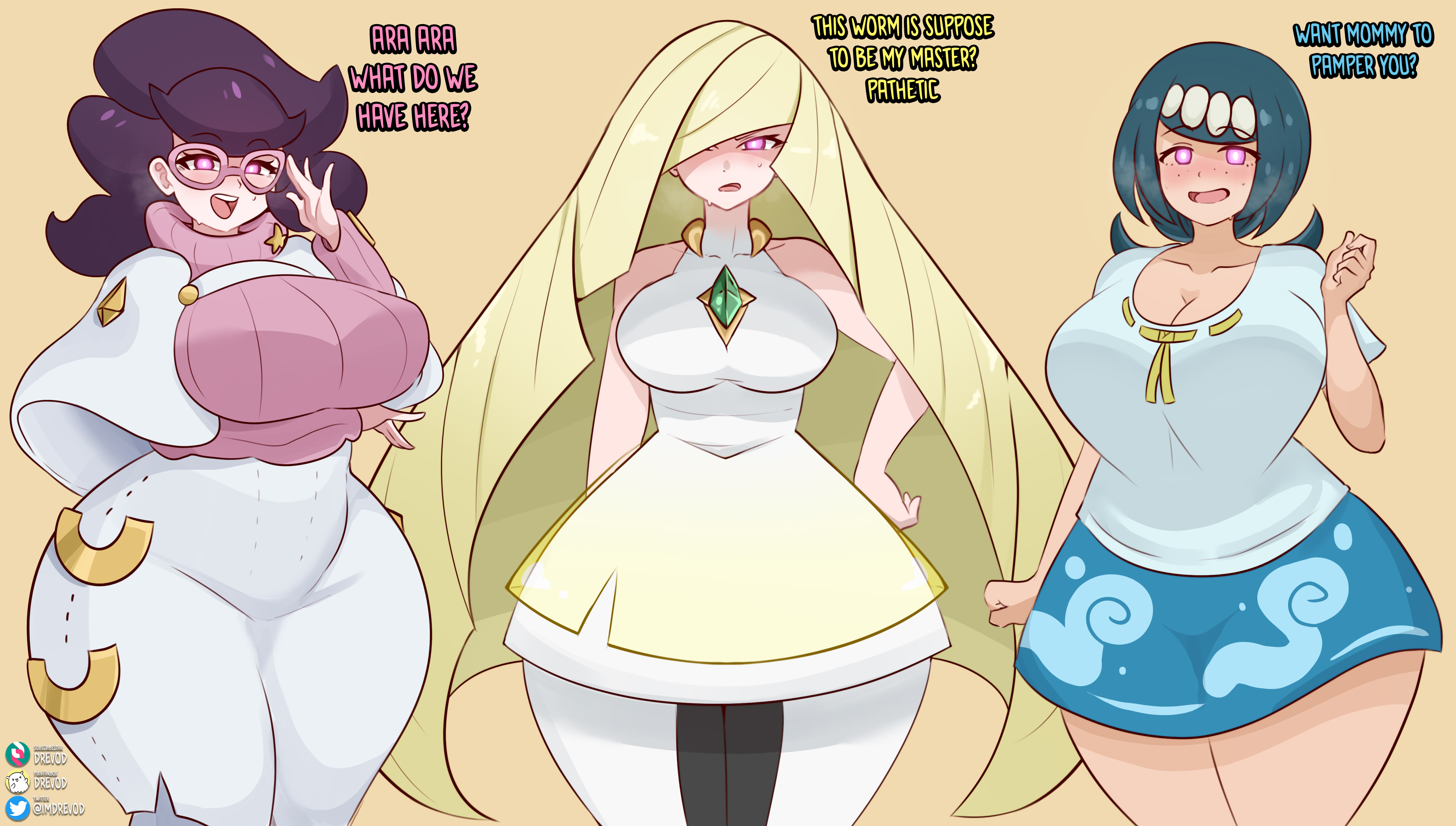 3girls, before sex, big ass, big breasts, blonde hair, blue hair, breasts, busty, clothed, clothed female, corruption, curvy, curvy figure, drevod, english text, female, female only, fully clothed, glasses, glowing eyes, huge breasts, human, hypnosis, lana's mother (pokemon), long hair, lusamine (pokemon), milf, mind control, mommy, multiple females, multiple girls, pokemon, pokemon sm, purple hair, self upload, tagme, thicc, voluptuous, voluptuous female, wicke (pokemon), wide hips