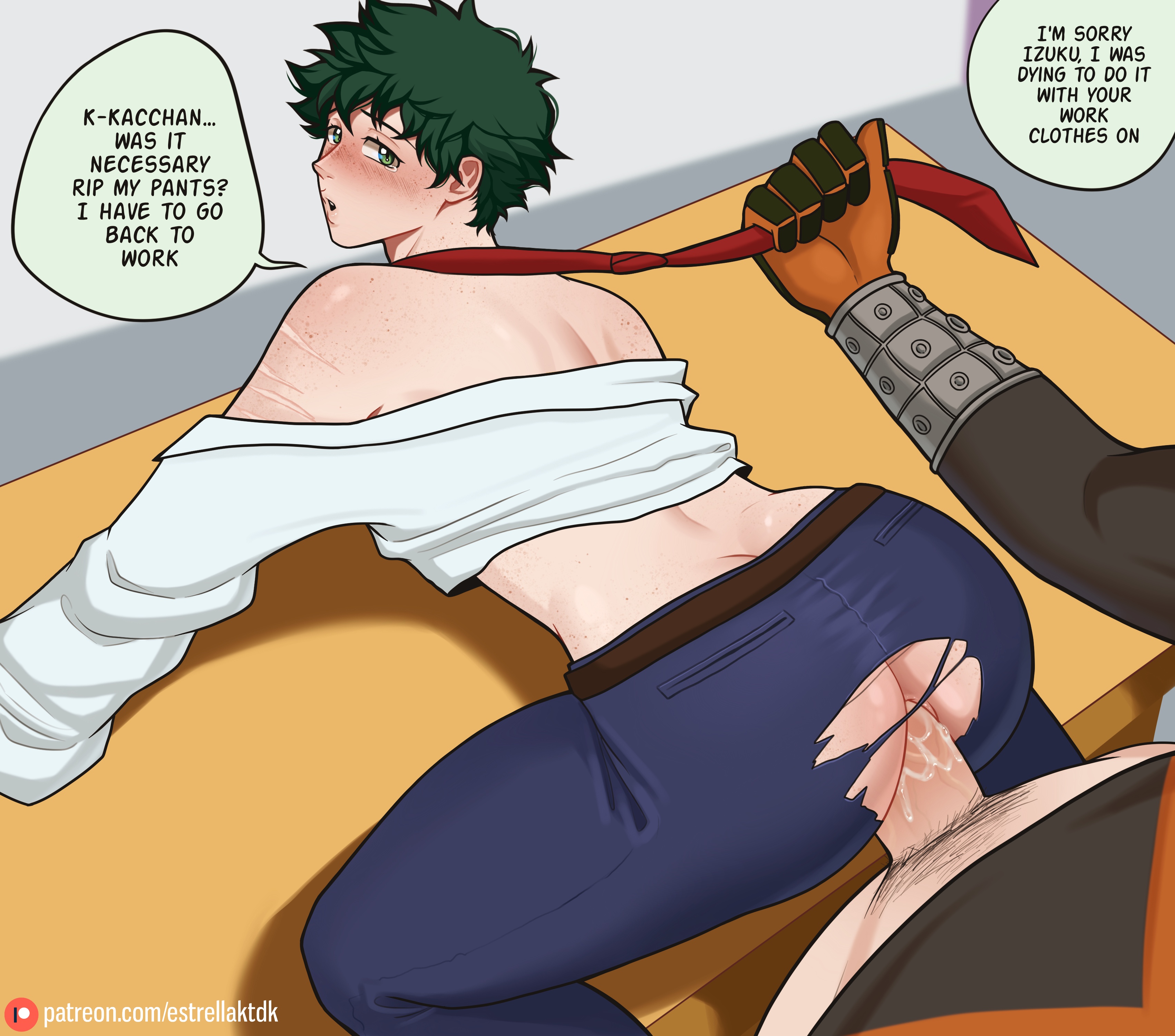 1femboy, 2boys, 2d, bakugou katsuki, collar, dialogue, doggy style, estrellaspice, femboy, gay, gay sex, izuku midoriya, katsuki bakugou, male, male only, male/male, my hero academia, penetration, penetration from behind, penis, riding, riding penis, ripped clothing, ripped pants, yaoi