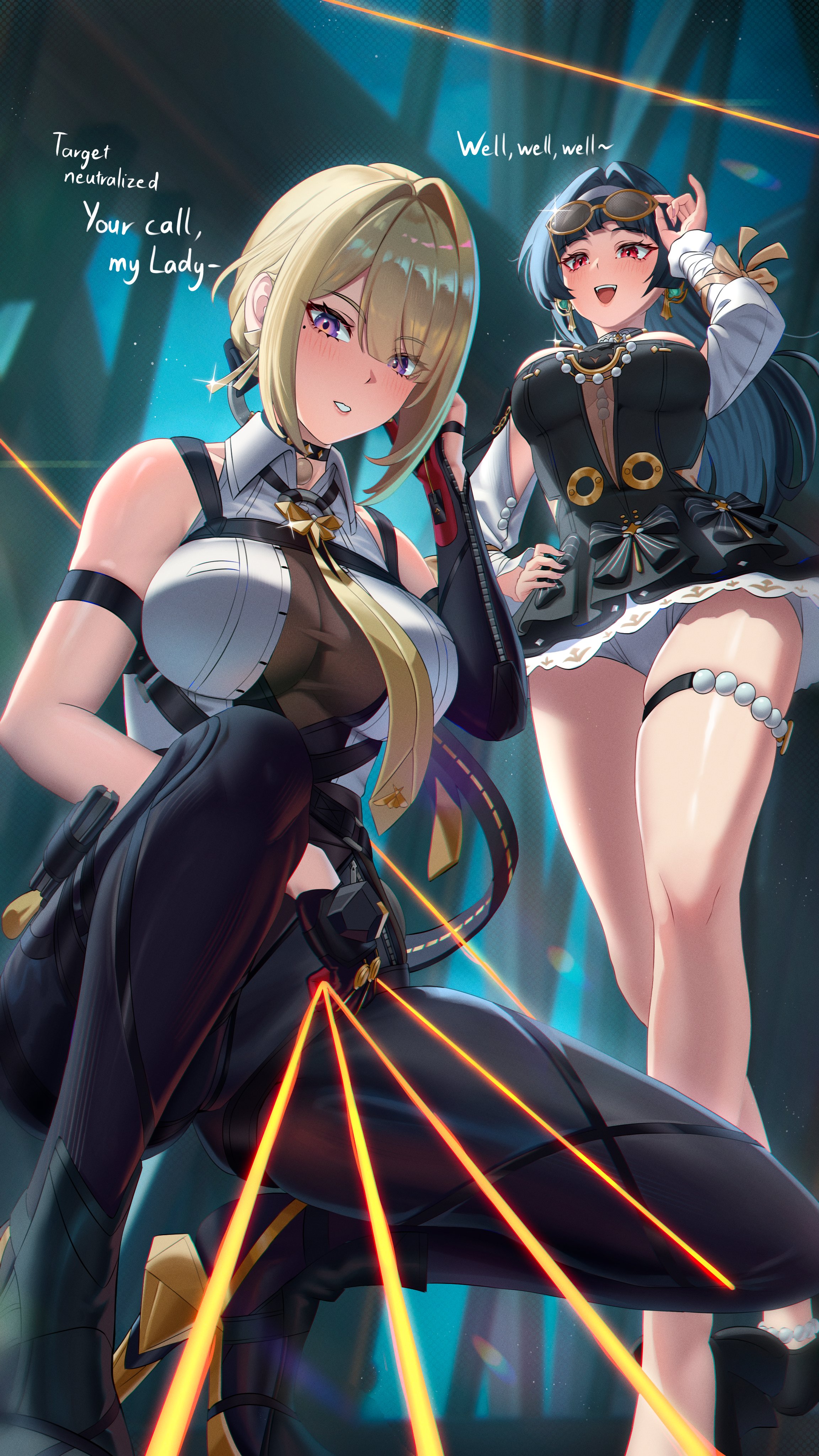 2girls, absurdres, astra yao, astra yao (chandelier), bare legs, black choker, black dress, black gloves, black hair, black pants, blonde hair, breasts, choker, collared shirt, commentary, cruzvu, dress, earrings, elbow gloves, english commentary, english text, evelyn chevalier, female, female only, from below, gloves, hair intakes, hand on own hip, high heels, highres, jewelry, large breasts, legs, long hair, looking at viewer, mole, mole under eye, multiple females, multiple girls, necktie, official alternate costume, open mouth, panties, pants, parted lips, purple eyes, red eyes, removing eyewear, shirt, short dress, short hair, single elbow glove, smile, squatting, sunglasses, underwear, white panties, white shirt, yellow necktie, zenless zone zero