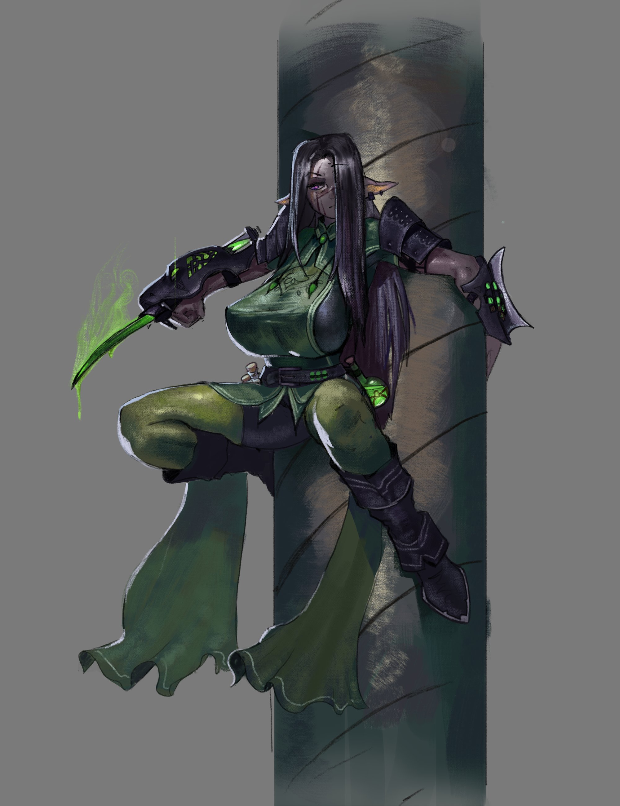 armor, armored female, armored gloves, black clothes, black clothing, black hair, black-haired female, elf, elf ears, elf female, female, green clothes, green clothing, innes (hiraeth), lewdpencil, light skin, light-skinned female, nora (hiraeth), nora virene (hiraeth), purple eyes, purple-eyed female, shoulders, tagme, tagme (character)