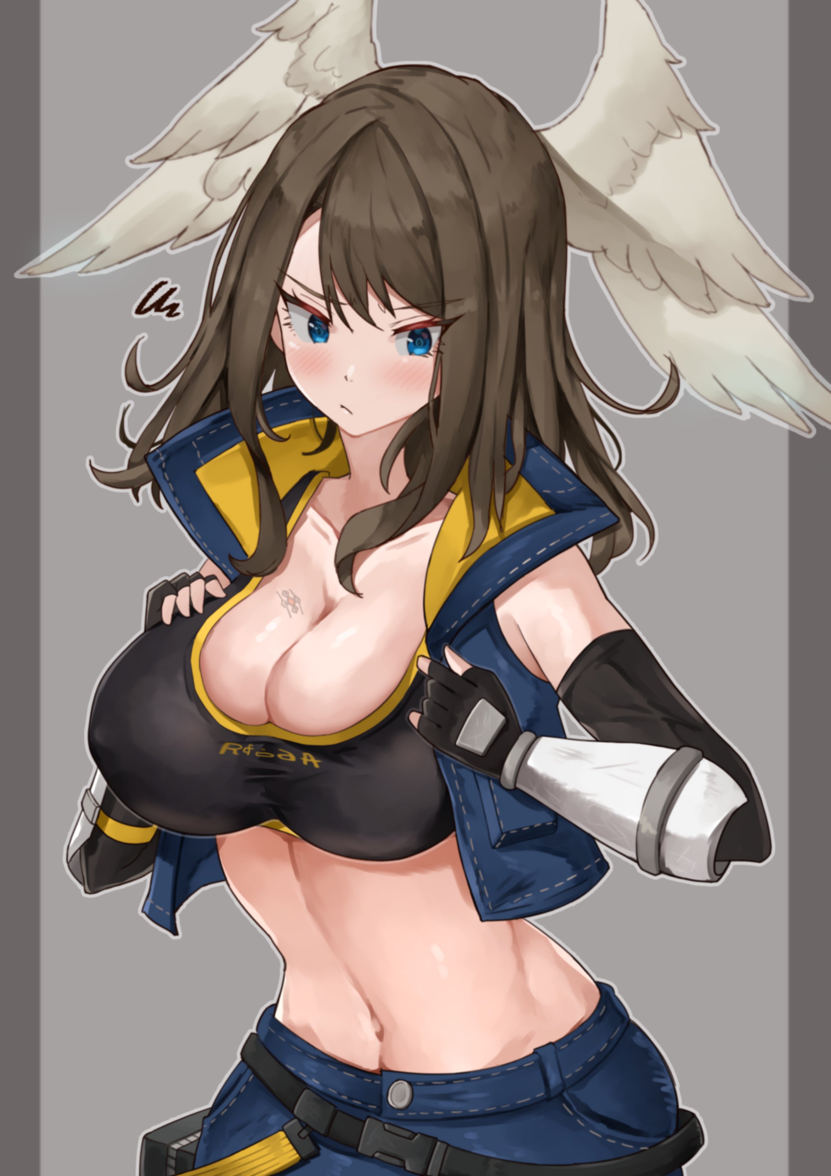 absurdres, annoyed, annoyed expression, black gloves, black sports bra, blue eyes, blue vest, breast tattoo, breasts, brown hair, cleavage, collared vest, cosplay, crop top, cropped vest, denim vest, elbow gloves, eunie (xenoblade), female, fingerless gloves, gloves, head wings, highres, jacket, large breasts, long hair, midriff, navel, oniisan02b, open clothes, open vest, sena (xenoblade), sena (xenoblade) (cosplay), shorts, simple background, solo, sports bra, tank top, tattoo, tight clothes, tomboyish, vest, white wings, wings, xenoblade (series), xenoblade chronicles 3, yotsuhauni