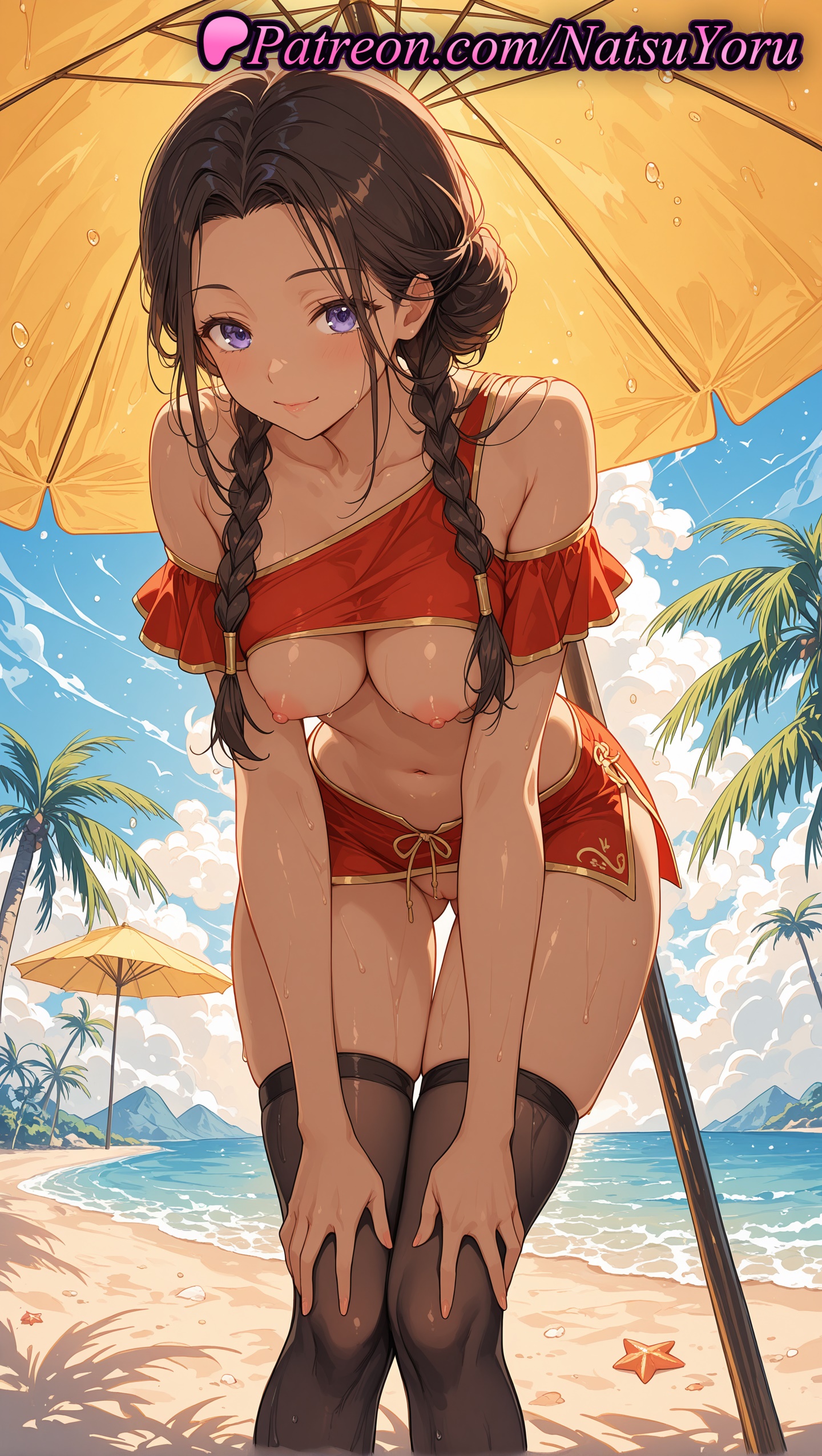 1girls, 2025, ai generated, ass visible through thighs, avatar the last airbender, bare shoulders, beach, beach umbrella, black thighhighs, braid, breasts, brown hair, closed mouth, cloud, collarbone, female, hi res, highres, katara, leaning forward, lips, long hair, looking at viewer, microskirt, natsuyoru, navel, nickelodeon, nipples, off-shoulder bikini, outdoors, palm tree, patreon, purple eyes, pussy, sidelocks, skirt, sky, smile, solo, stomach, thighhighs, tree, twin braids, umbrella, voluptuous, voluptuous female, wet