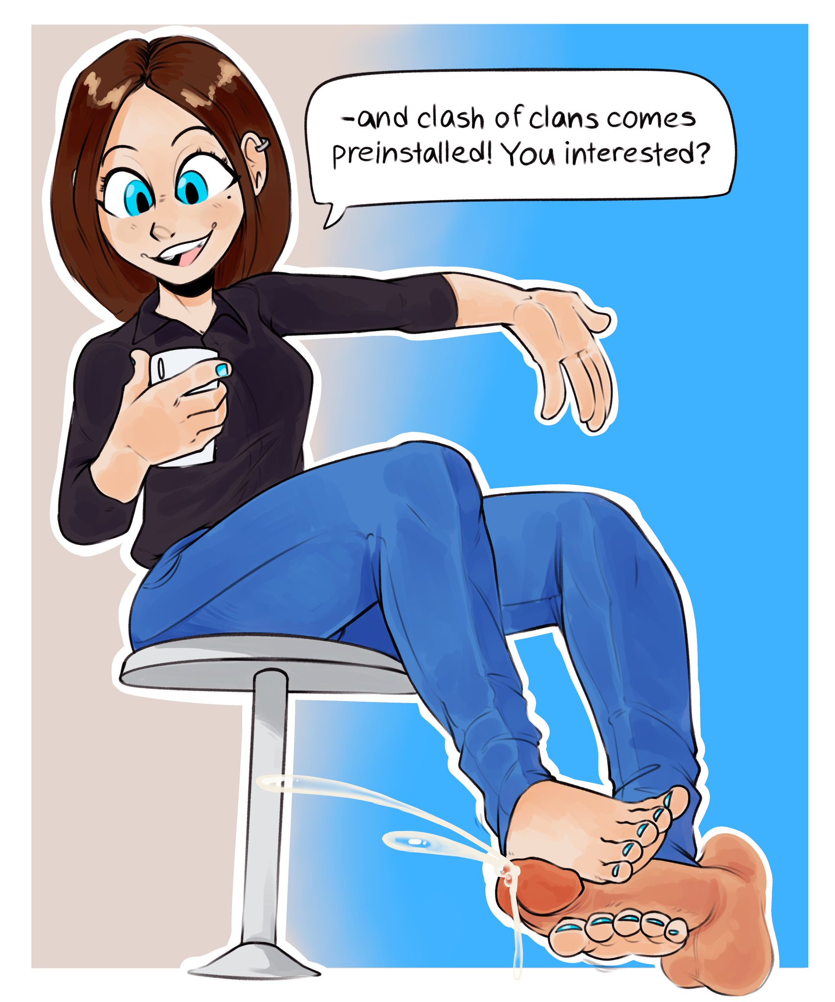 1boy, 1girls, barefoot, black shirt, blue eyes, blue jeans, blue nails, blue toenails, brown hair, collared shirt, cum, cumshot, disembodied penis, ear piercing, feet, female, foot fetish, foot focus, footjob, fully clothed, holding object, holding phone, male, open mouth, painted nails, painted toenails, penis, phone, samsung, samsung sam, short hair, sitting, smile, stepping on penis, tinsay (artist), toes