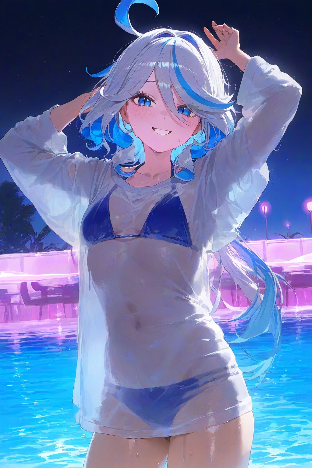 1girls, ai generated, belly, belly button, bikini, bikini bottom, bikini top, blue bikini, blue bikini bottom, blue bikini top, female, furina (genshin impact), genshin impact, light blue hair, long hair, looking at viewer, open eyes, open mouth, pool background, see-through clothing, see-through shirt, smiling, smiling at viewer, standing, standing in water, white shirt