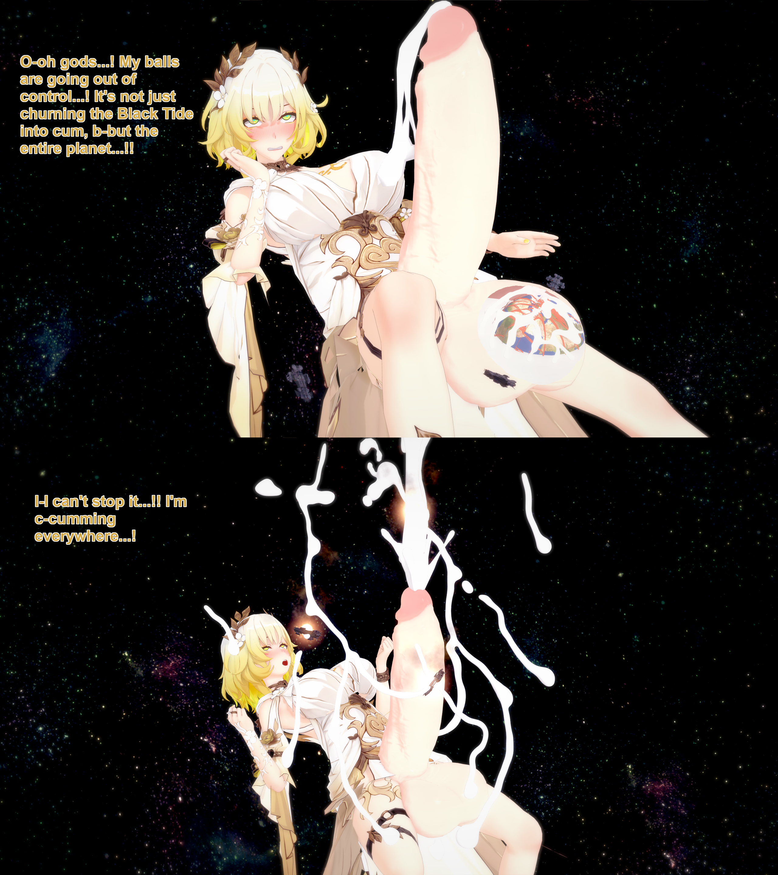1futa, 3d, aglaea (honkai: star rail), balls, blonde hair, cock vore, commission, cum, cum digestion, destruction, ejaculation, english text, futa giantess, futanari, giantess, giantess futa, honkai: star rail, huge balls, huge cock, hyper, hyper balls, hyper penis, intersex, koikatsu, penis, planet, planet destruction, planet vore, space, text, vore, xavierhuge