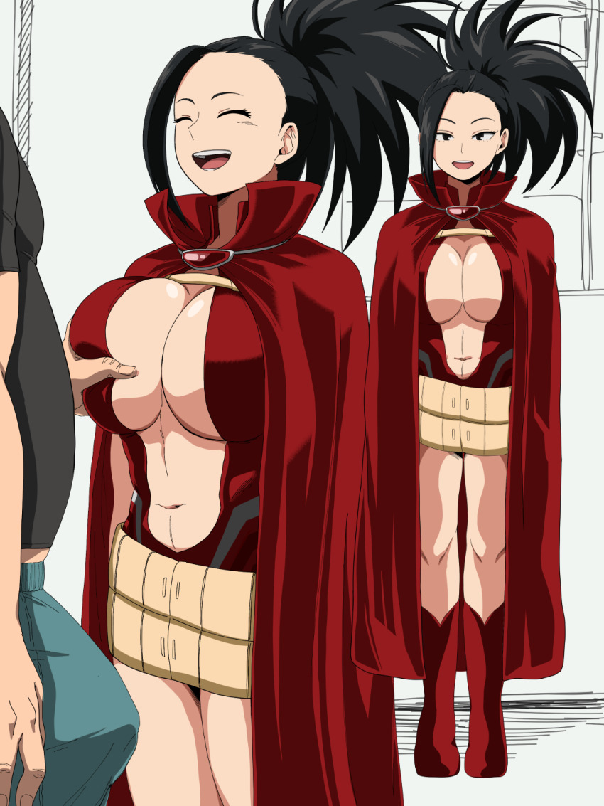 1boy, 1girls, absurd res, absurdres, age difference, asking for it, black eyes, black hair, black-haired female, boku no hero academia, boob window, breast grab, breasts, bulge, bulge through clothing, cape, change in common sense, cleavage, cloak, cutout, erection under clothes, fat male, female, grabbing another's breast, groping, groping breasts, happy trance, hazama null, hero outfit (mha), heroine, huge breasts, human, human female, large breasts, leotard, light-skinned female, male, mind alteration, momo yaoyorozu, momo yaoyorozu (hero outfit), my hero academia, older male, older male and younger female, on model, open mouth, red cloak, size difference, smile, straight, superhero costume, superheroine, teenage female, teenage girl, teenager, tomboy, unaware, unaware hypnosis, yaoyorozu momo, younger female