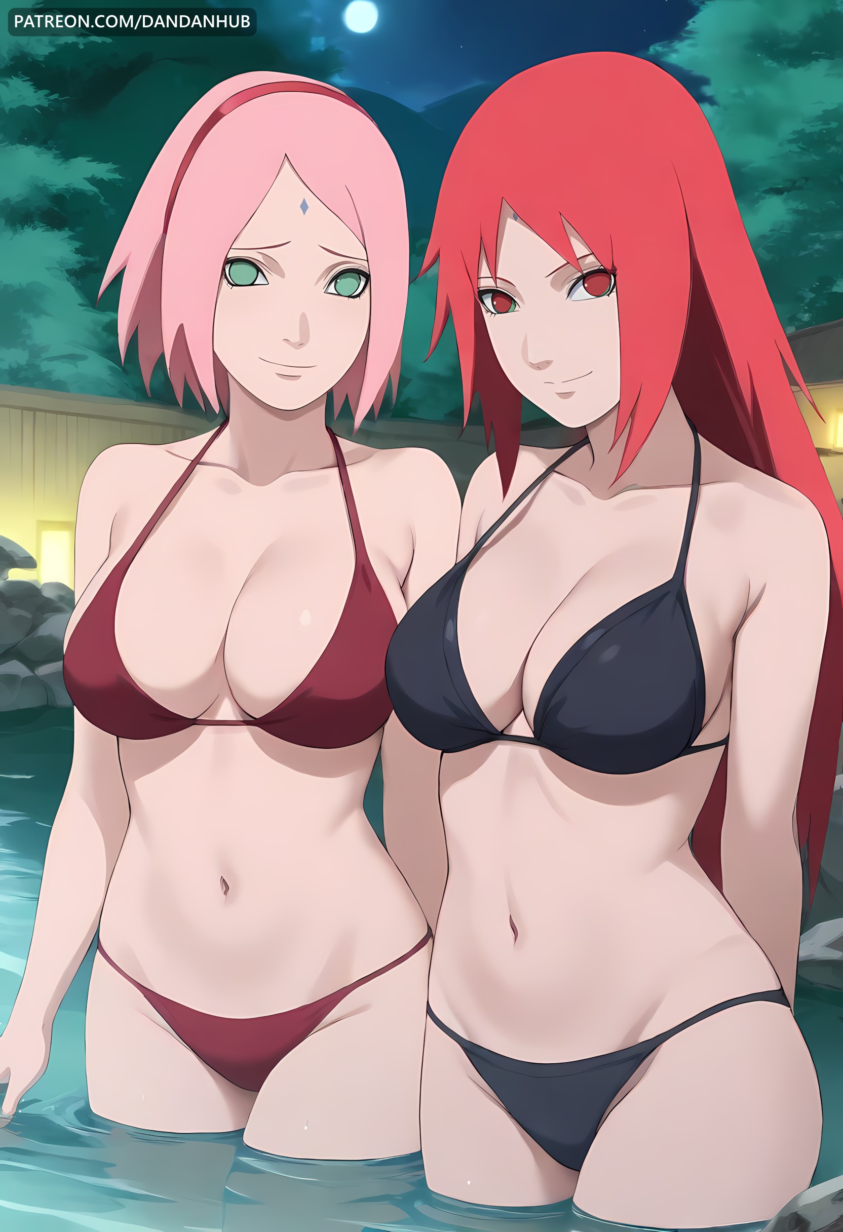 2girls, ai generated, bikini, black bikini, boruto: naruto next generations, breasts, cleavage, closed mouth, collarbone, dandanhub, facial mark, female, female only, forehead mark, full moon, green eyes, hairband, large breasts, long hair, looking at viewer, moon, multiple females, multiple girls, naruto, naruto (series), naruto shippuden, navel, night, night sky, onsen, outdoors, partially submerged, pink hair, red bikini, red eyes, red hair, sakura haruno, short hair, sky, smile, stomach, swimsuit, uzumaki karin, wading, water