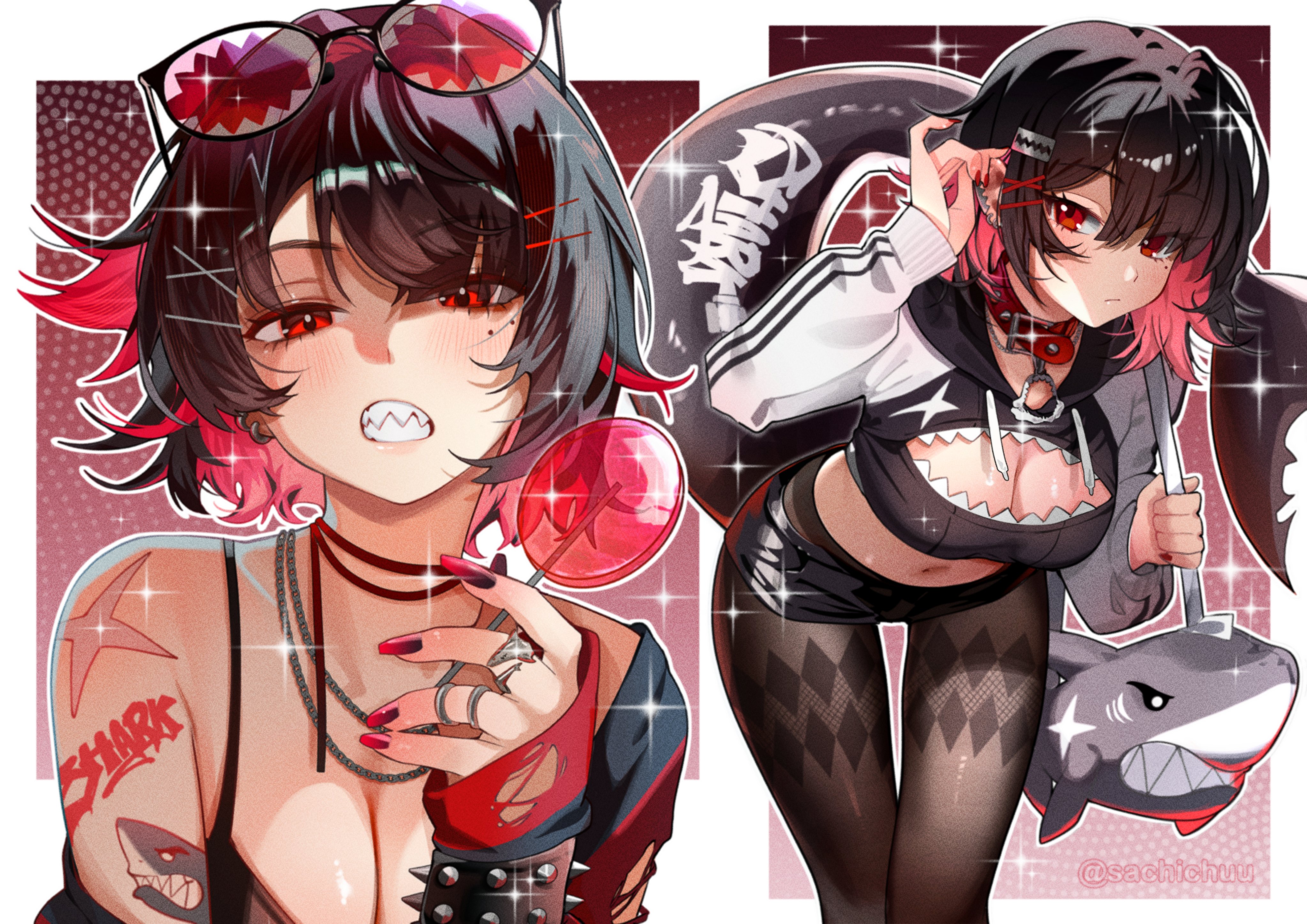 1girls, absurdres, adjusting hair, alternate costume, animal bag, bag, belt collar, bent over, black hair, black pantyhose, black shorts, border, breasts, cleavage, cleavage cutout, closed mouth, clothing cutout, collar, colored inner hair, commentary, cropped hoodie, double vertical stripe, earclip, ellen joe, english commentary, feet out of frame, female, female only, fingernails, fins, fish tail, hair between eyes, hair ornament, hairclip, highres, hood, hoodie, large breasts, large tail, long fingernails, long sleeves, looking at viewer, medium hair, micro shorts, midriff, mole, mole under eye, multicolored hair, nail polish, navel, outside border, pantyhose, pantyhose under shorts, red collar, red eyes, red hair, red nails, sachichuu, scar, scar on shoulder, shark bag, shark girl, shark tail, sharp teeth, short hair, shorts, shoulder bag, smile, solo, sparkle, standing, star (symbol), tail, teeth, twitter username, two-tone hair, white border, x hair ornament, zenless zone zero