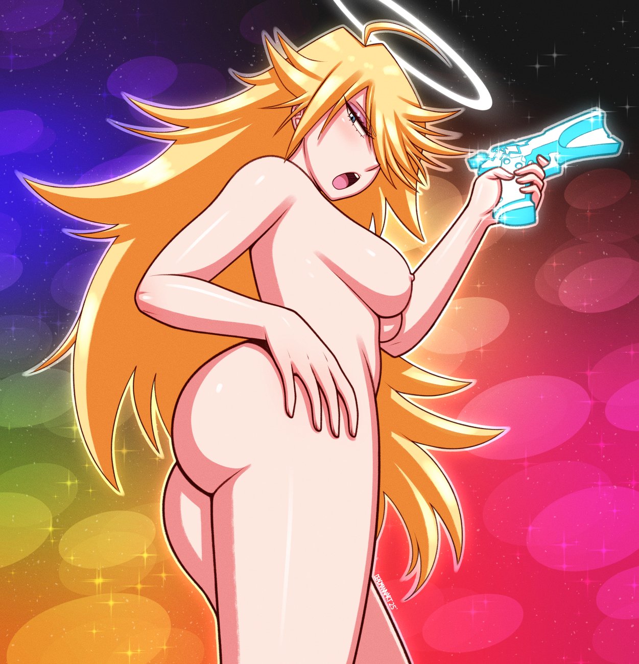 1girls, 2025, 2d, 2d (artwork), angel, angel girl, artist name, ass, big ass, big butt, blonde hair, blue eyes, breasts, butt, casual, completely nude, female, female only, firearm, gun, hair over one eye, halo, handgun, heroine, light skin, light-skinned female, long hair, looking at viewer, looking down, medium breasts, no sex, nude, nude female, pale skin, pale-skinned female, panty & stocking with garterbelt, panty anarchy, pistol, sideboob, solo, solo female, starry background, walkingdeadmann, weapon