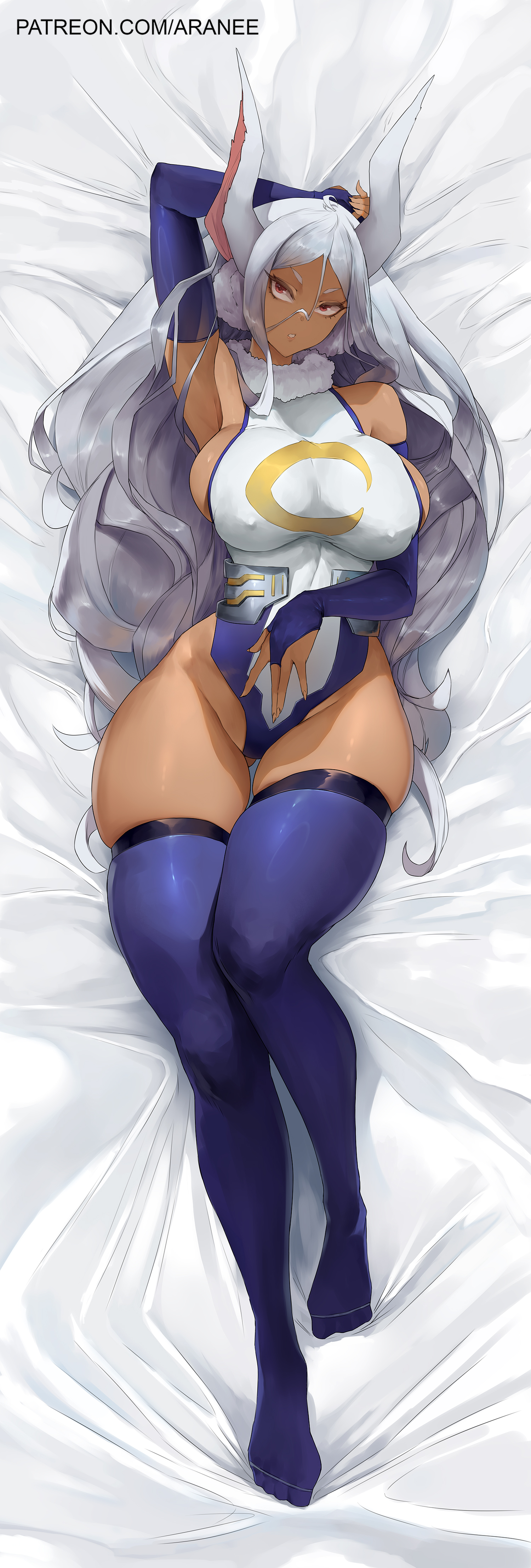 1girls, 2024, araneesama, breasts, bunny ears, dark skin, dark-skinned female, digital drawing (artwork), digital media (artwork), elbow gloves, female, female focus, female only, fingerless gloves, fit, fit female, gloves, hand on belly, high quality, highleg, highleg leotard, hourglass figure, kemonomimi, lagomorph humanoid, large breasts, laying, laying on bed, legwear, leotard, long hair, looking at viewer, lying, mature female, miruko, my hero academia, on back, pointy ears, purple gloves, purple legwear, rabbit ears, rumi usagiyama, sideboob, slim waist, solo, solo female, solo focus, superheroine, thick thighs, thighhighs, white clothing, white hair, white-haired female, wide hips