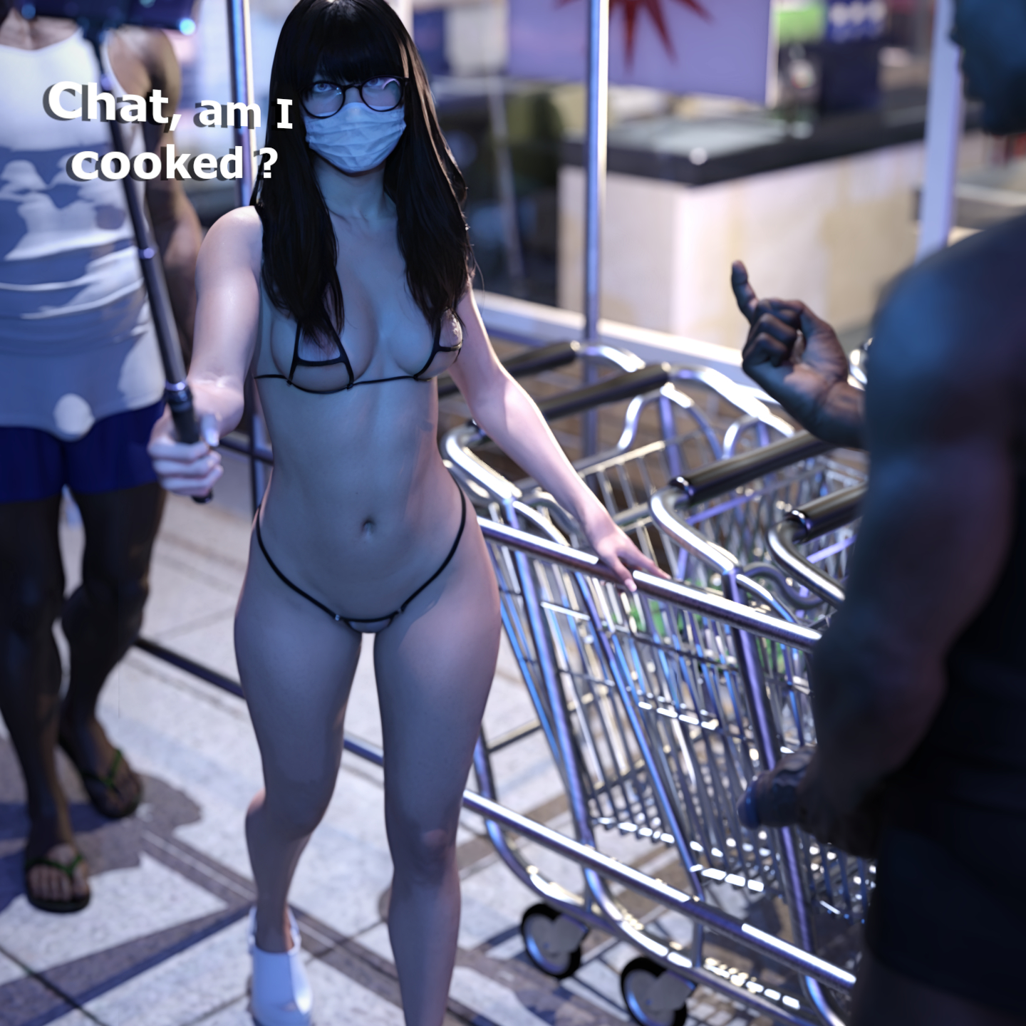 bangs, bikini, breasts, cellphone, cheating, cheating wife, dark-skinned male, face mask, glasses, hdr ntrgirl, hdregrets, interracial, male, netorare, public, public indecency, streaming, wife