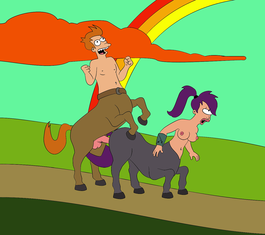 1boy 1girls breasts canon_couple centaur female from_behind futurama horse_penis horsecock leegola male nipples penetration philip_j_fry sex tail taur topless topless_female topless_male turanga_leela