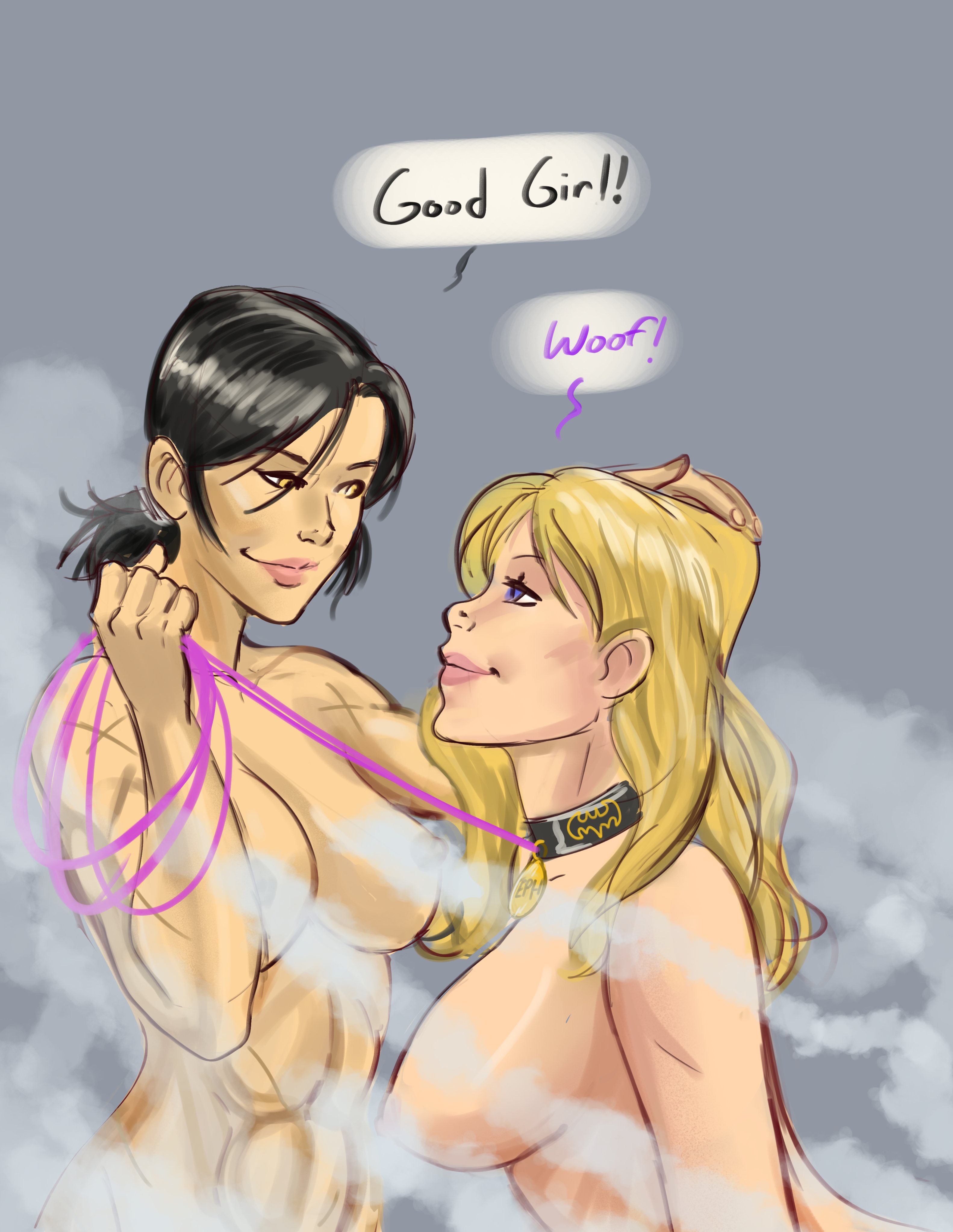 2girls, asian, asian female, barking, batgirl, batgirl (cassandra cain), batgirl (stephanie brown), batman (series), bed, birthday hat, bite mark, black hair, blonde female, blonde hair, blonde-haired female, breasts, brzap, cassandra cain, collar, completely nude, compliment, complimenting partner, cute, dc, dc comics, digital drawing (artwork), dog collar, eye contact, female, female focus, female on female, female only, female/female, fit, fit female, gentle femdom, headpat, headpats, interracial, interracial yuri, kinky, leash, leash and collar, lesbian couple, lesbian domination, lesbian focus, lezdom, multiple females, multiple girls, muscular, muscular female, nude, nude female, obedient sub, praise, praise kink, puppyplay, smiling, smiling at partner, steam, steamy, stephanie brown, yuri, ziggysketch