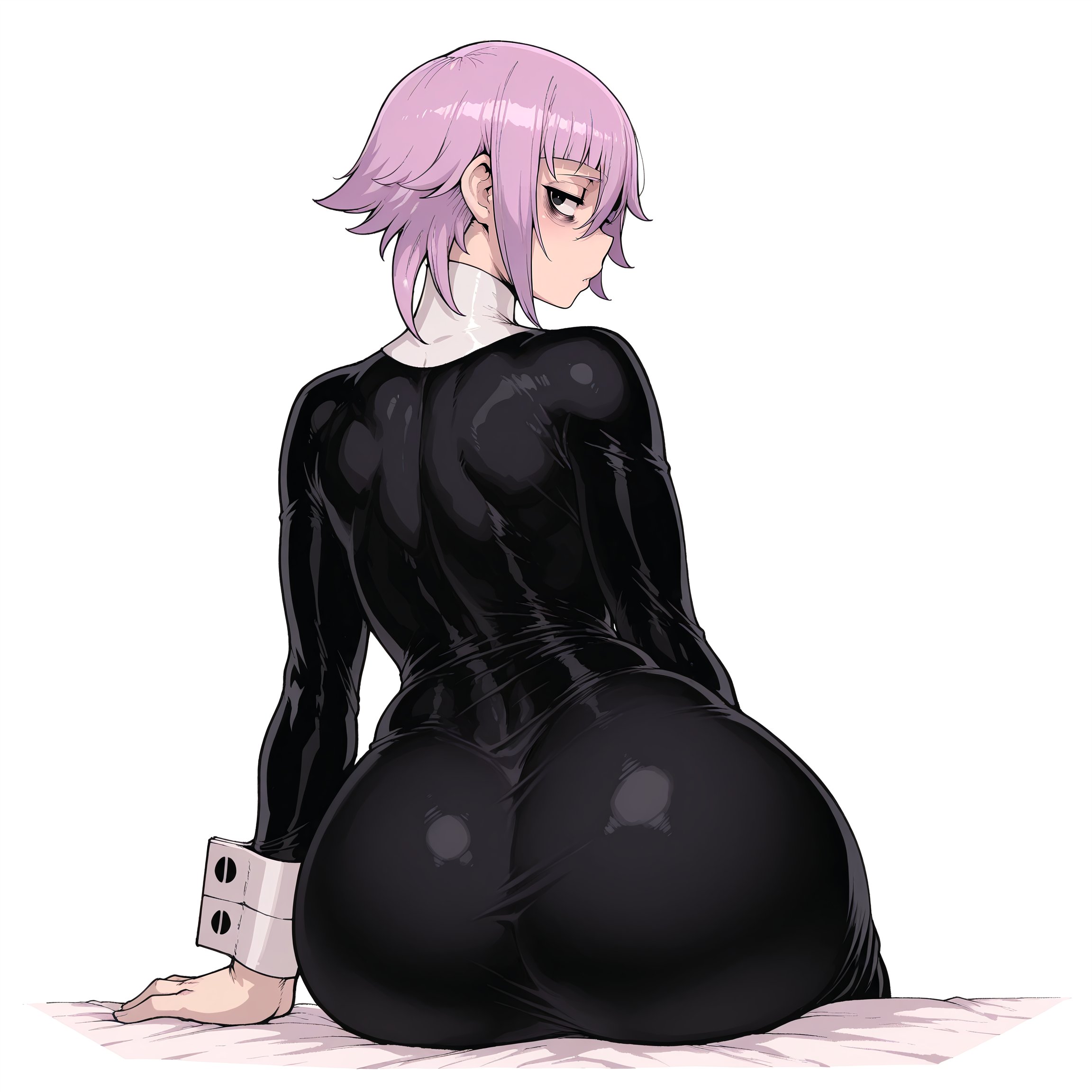 1boy, ai generated, ass, back muscles, back view, big ass, black dress, clothing, crona (soul eater), femboy, impossible clothes, male, muscles, pink hair, sexy, sitting, skin tight, slopanonai, soul eater, tagme