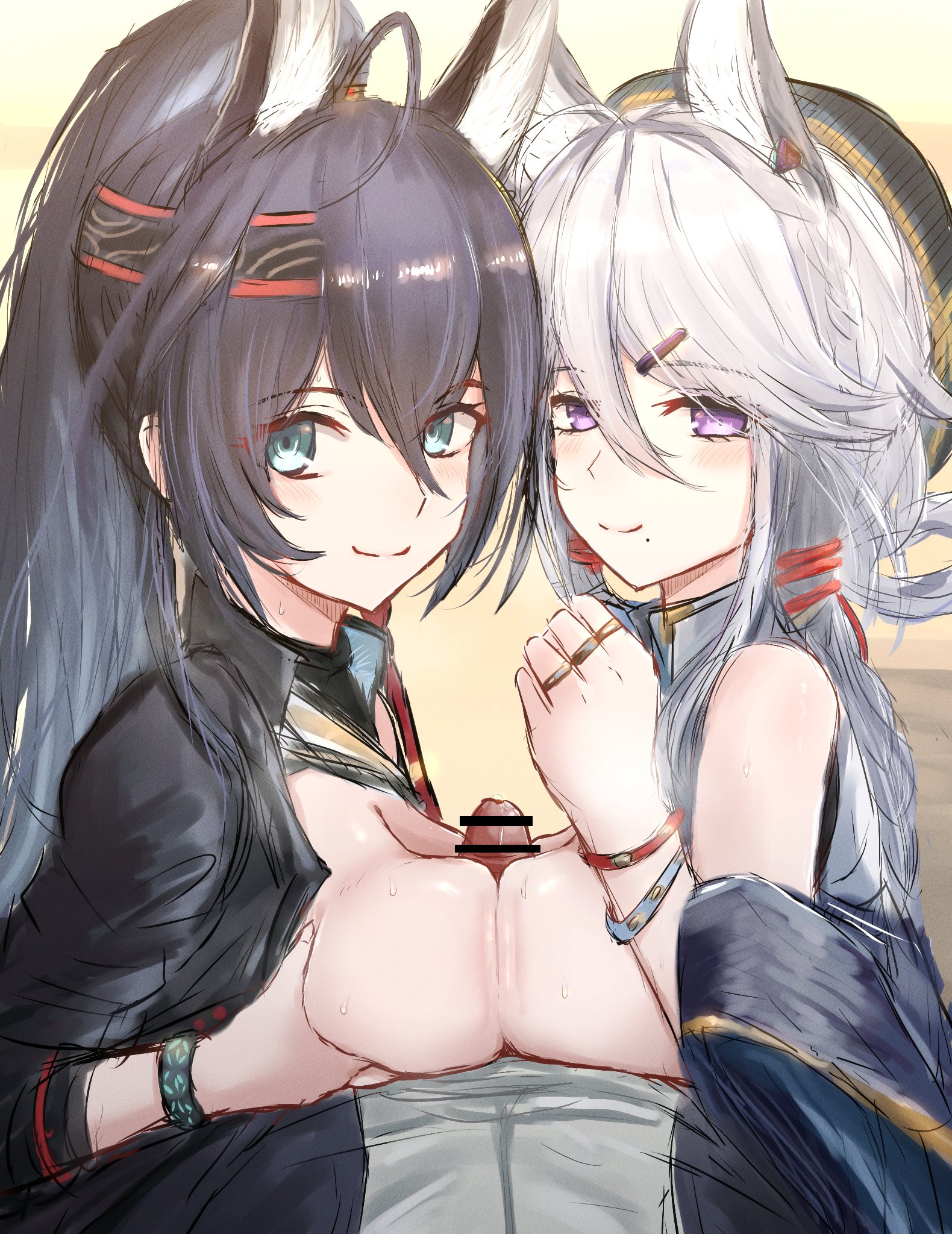 2girls, animal ears, arknights, bar censor, blaze (arknights), breasts, cat girl, catgirl, catgirls, female, reber, sisters, titjob, xingzhu (arknights)
