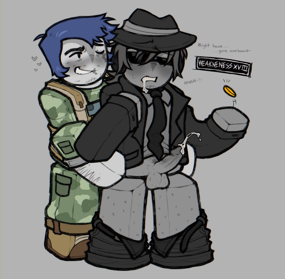 2boys, blocky body, blue hair, camo, camo clothing, chance (forsaken), clothed, coin, cum, cumming, dilfbreederr, duo, facewear, flipping coin, forsaken (roblox), fully clothed, gay, glasses, grey body, grey skin, grin, grinning, guest 1337 (forsaken), guest 1337 (the last guest), hands on hips, hat, headphones, headwear, heart, male, one eye closed, pants down, roblox, roblox game, robloxian, standing, suit, suit and tie, text, text box, tie, weak, weakness, white body, white skin